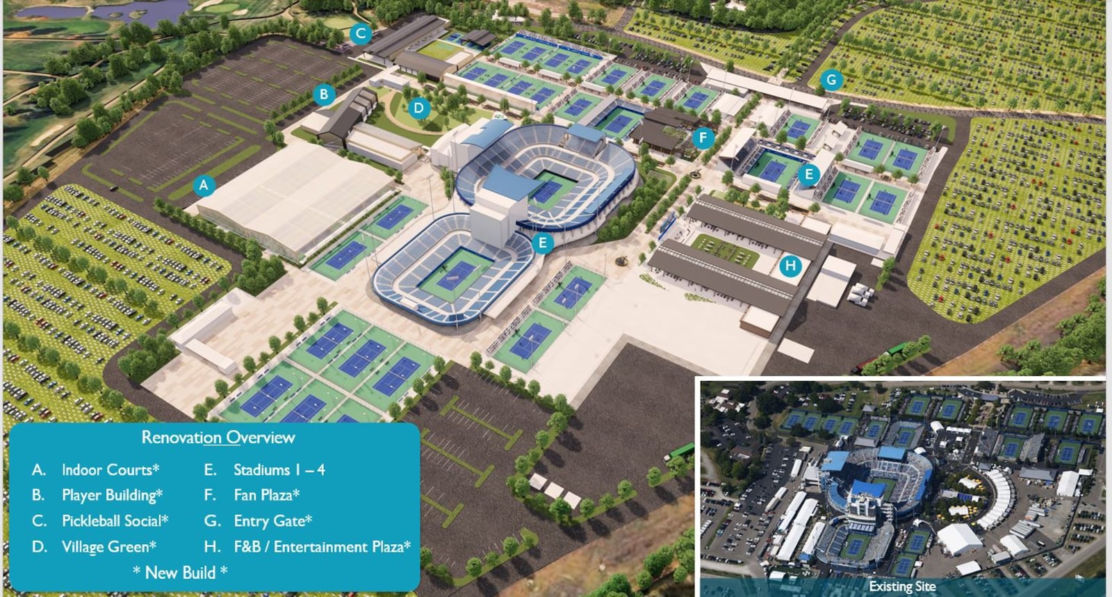 This is a rendering from Beemok Capital Group, the new owner of the Western & Southern Tournament of proposed renovations needed at the Lindner Family Tennis Center in Mason. The total amount of proposed renovations is estimated at $375 million. CONTRIBUTED/CITY OF MASON