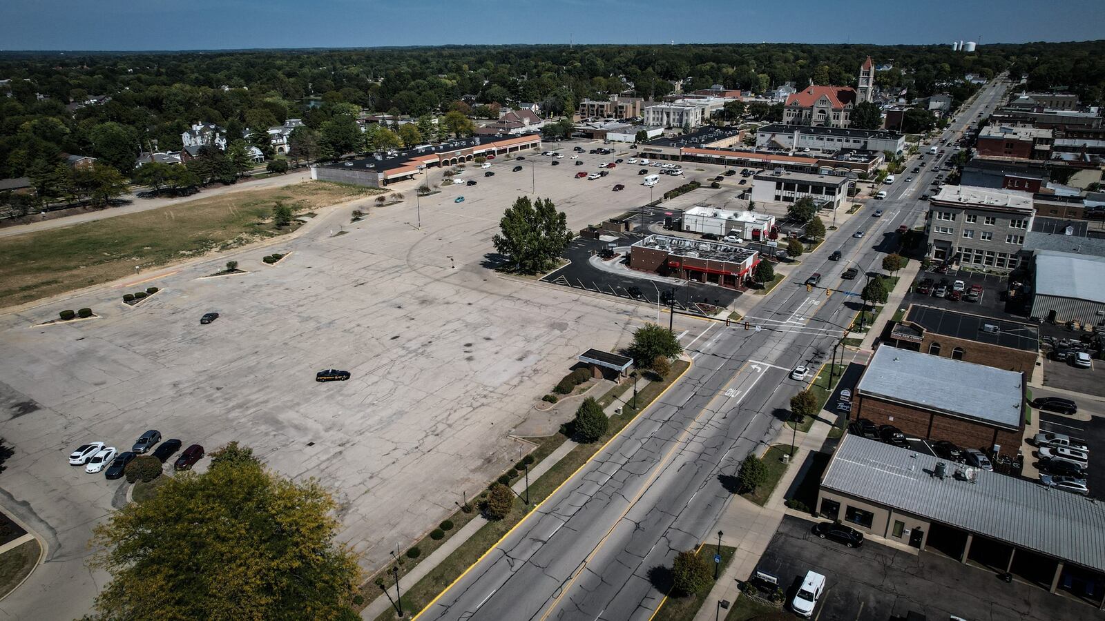 This is an aerial of Xenia Town Square on Thursday September 21, 2023. The photograph is looking east with the city in the background. JIM NOELKER/STAFF