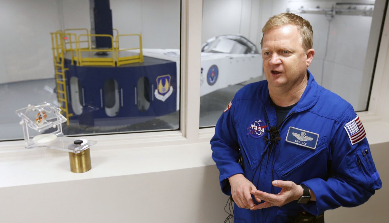 Several NASA astronauts are at Wright-Patterson Air Force Base completing training in the new Human-Rated Centrifuge that became operational in August of this year. The centrifuge helps pilots and astronauts train for flights were the body crushing force of acceleration, or g-force, affects their bodies. This centrifuge offers the astronauts the type of g-force they experience during launch and re-entry says astronaut Eric Boe. TY GREENLEES / STAFF