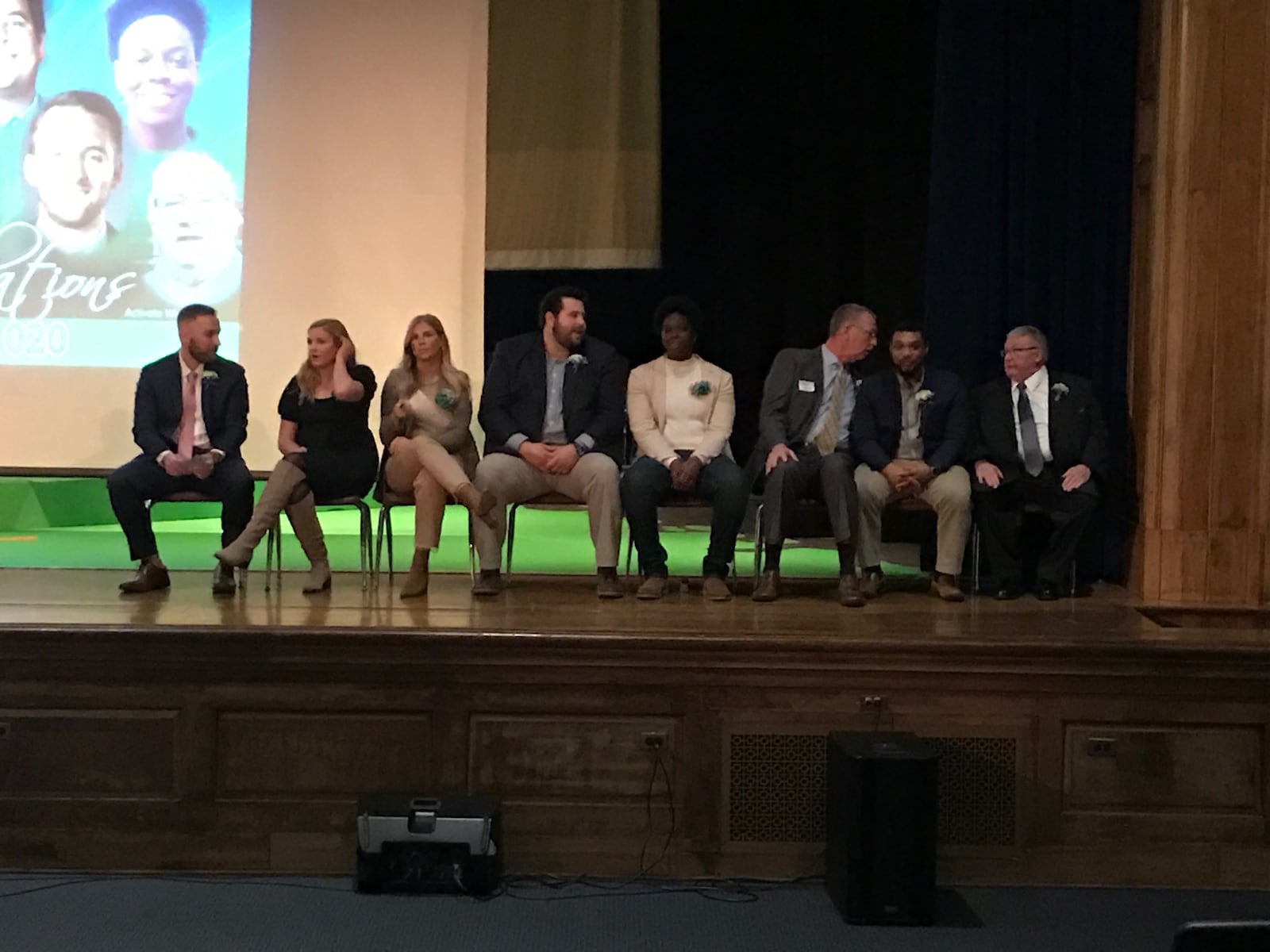 CJ2 – The 2020 CJ Athletic Hall of Fame induction class: (left to right)  Todd Barhorst, Madeline Kaminski,  Micaela Cronin, Joe Staley, Samarie Walker, Mark Vest filling in for his son Matt,  Chris Myton and Bill Cheslock. Tom Archdeacdon/STAFF