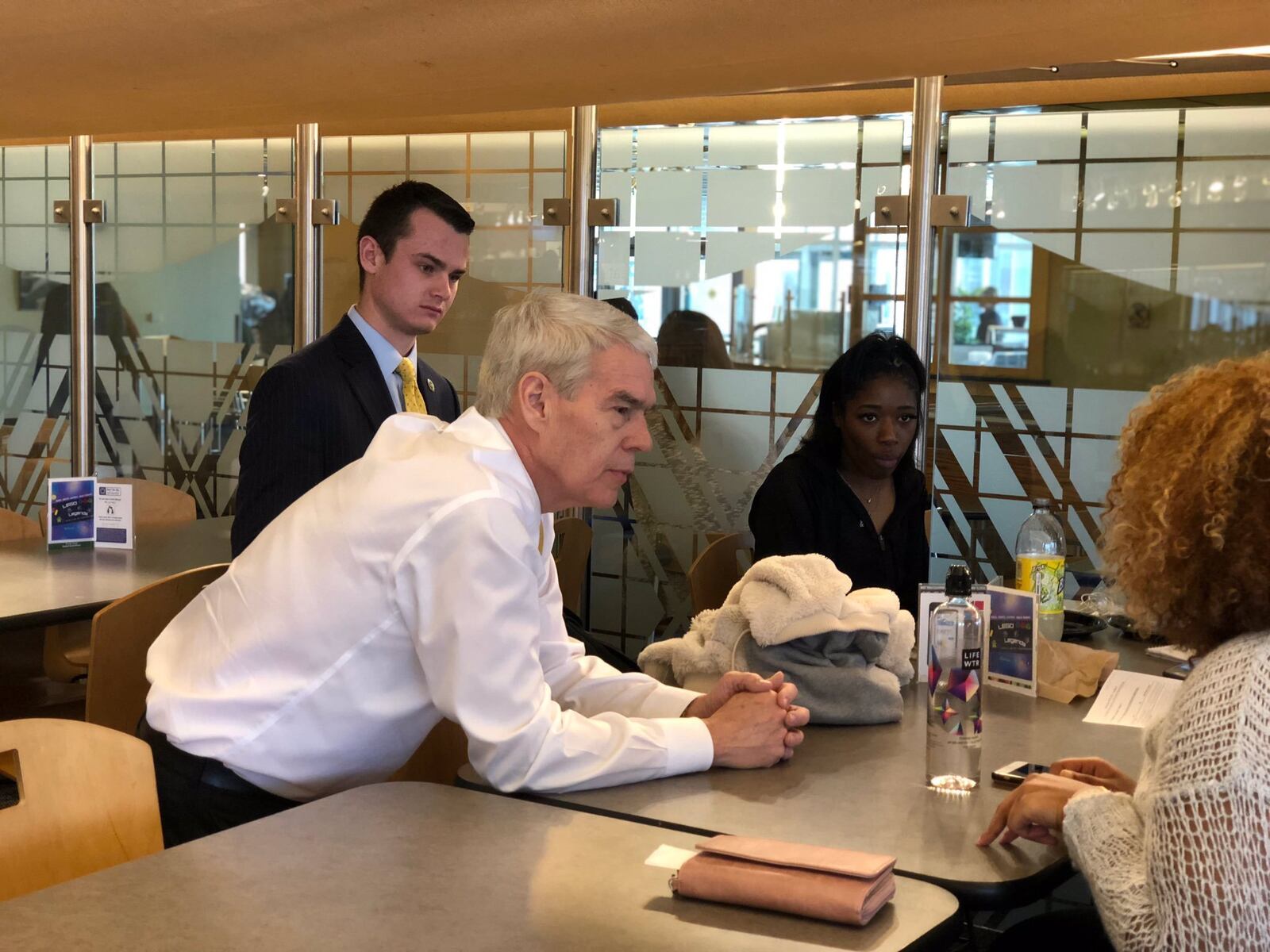 Randy Gardner, chancellor of the Ohio Department of Higher Education talks with students at Wright State University on Monday. The university’s faculty union is in its 15th day on strike.