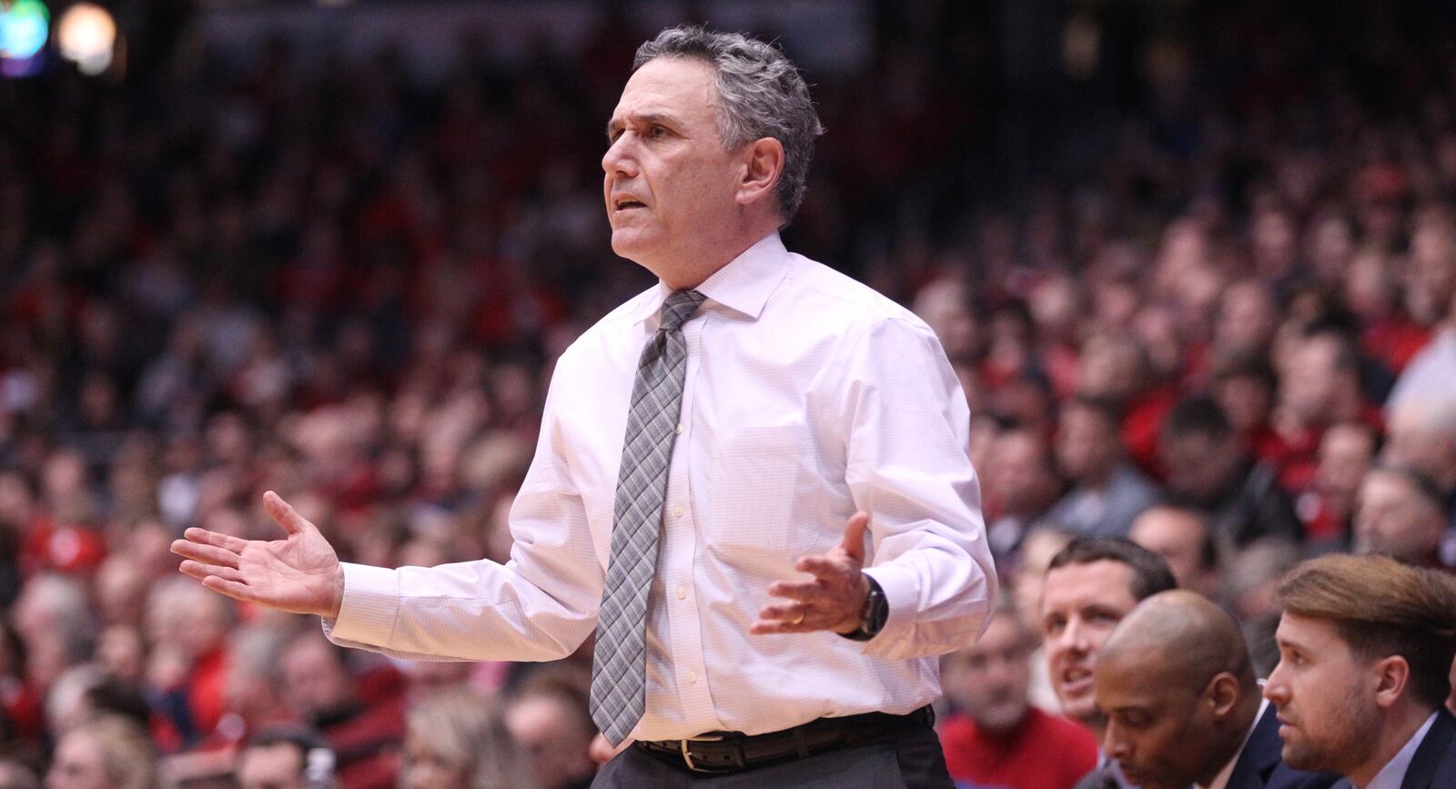 Duquesne’s Keith Dambrot coaches during a game against Dayton on Wednesday, Feb. 7, 2018, at UD Arena.