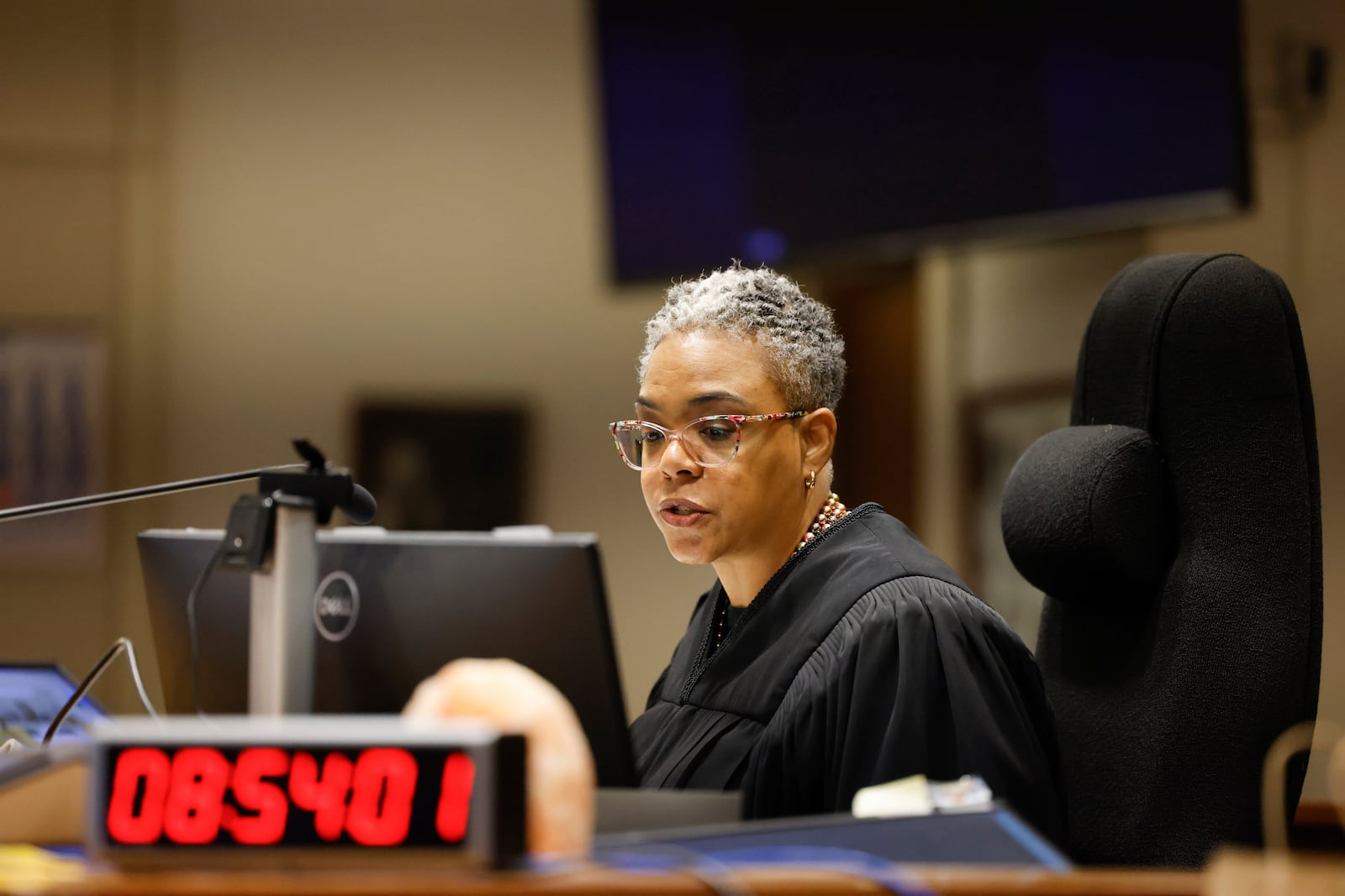 Judge Nicole Gaines Phelps speaks at the beginning of the sentencing of Jeffrey Nelson, an Auburn police officer convicted of murder for fatally shooting homeless man Jesse Sarey in 2019, at the King County Maleng Regional Justice Center in Kent, Wash., Thursday, Jan. 23, 2025. (Karen Ducey/The Seattle Times via AP)