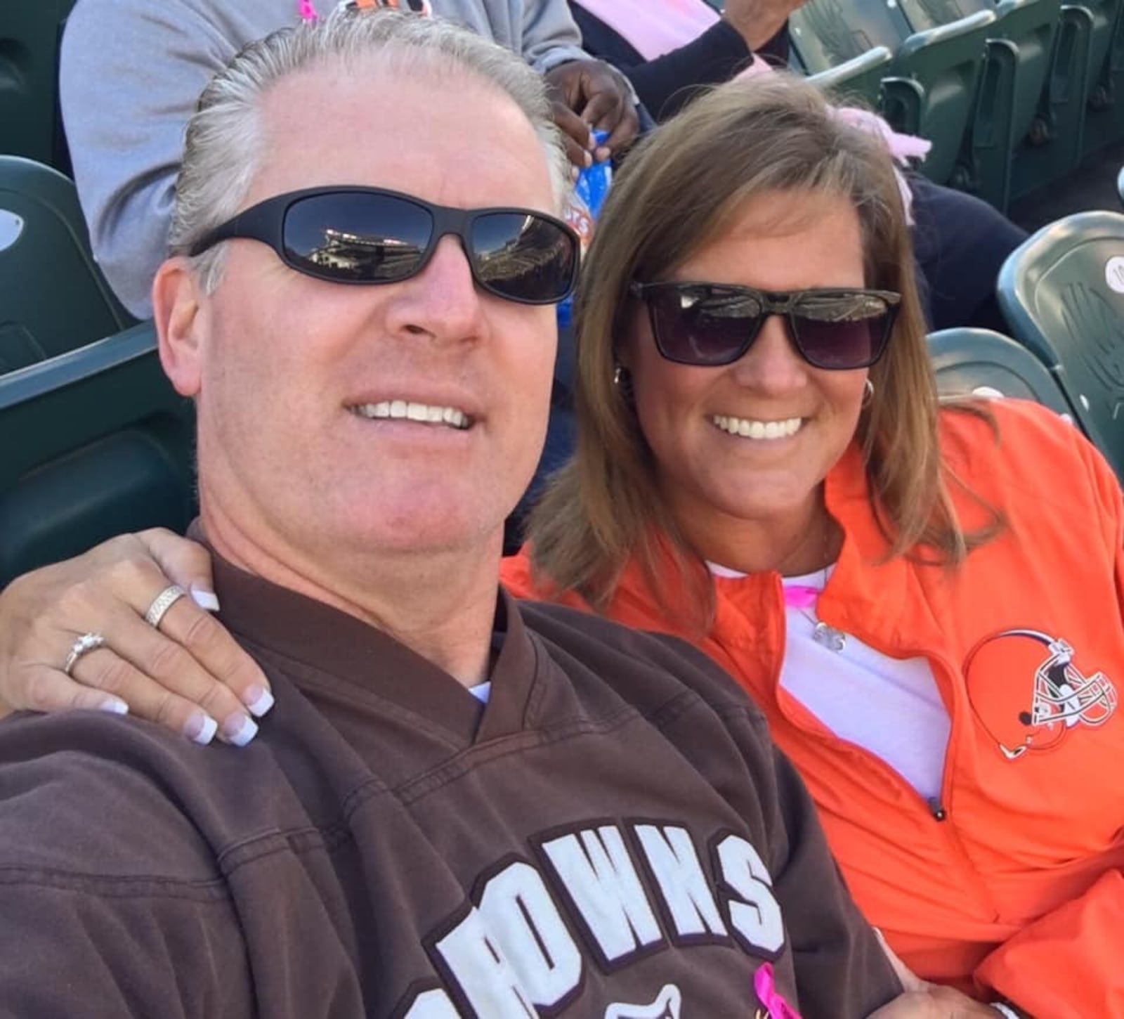 Mike Lump, president of the Russell’s Point Browns Backers Club and wife Amy at game at FirstEnergy Stadium. When Mike met Amy, her dad said he had to meet three stipulations to marry her. One was “be a Browns fan.” CONTRIBUTED