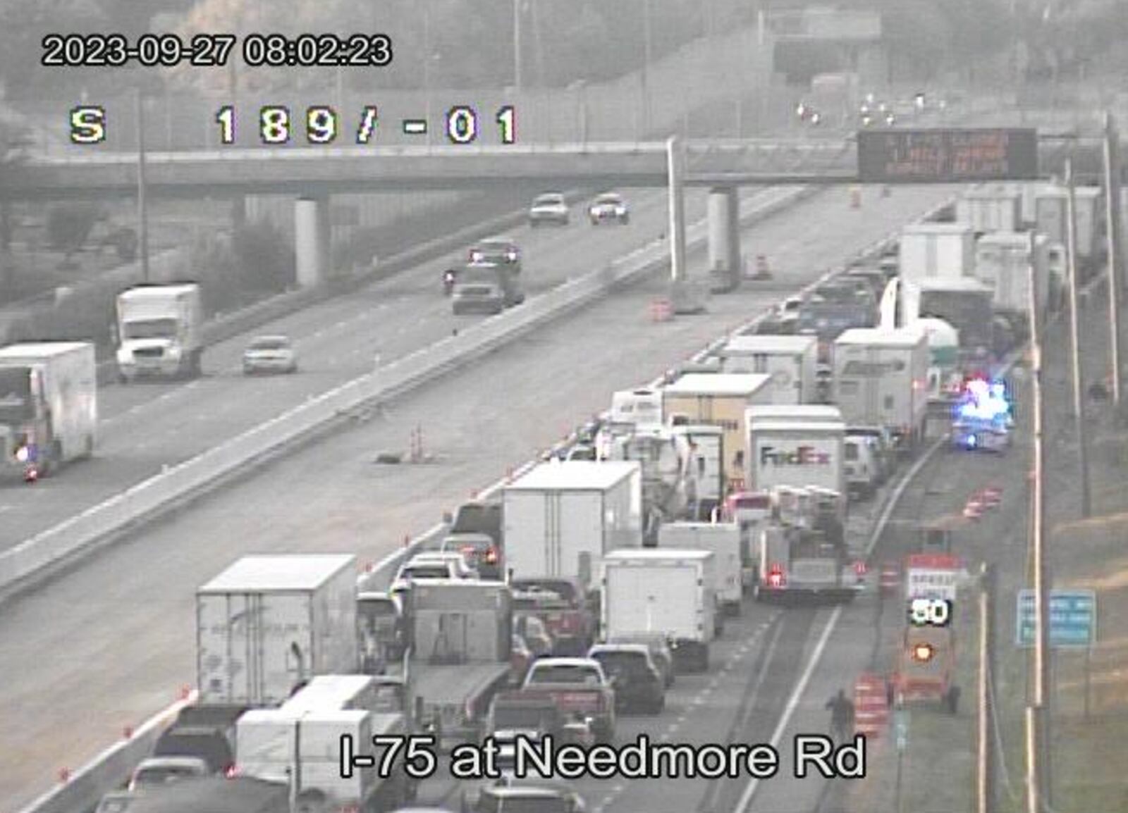 A five-vehicle crash was reported on I-75 South near Needmore Road in Harrison Twp. on Wednesday, Sept. 27, 2023. The crash was reported shortly after a nine-vehicle crash took place on I-75 South near Wagner Ford Road. Photo courtesy Ohio Department of Transportation.