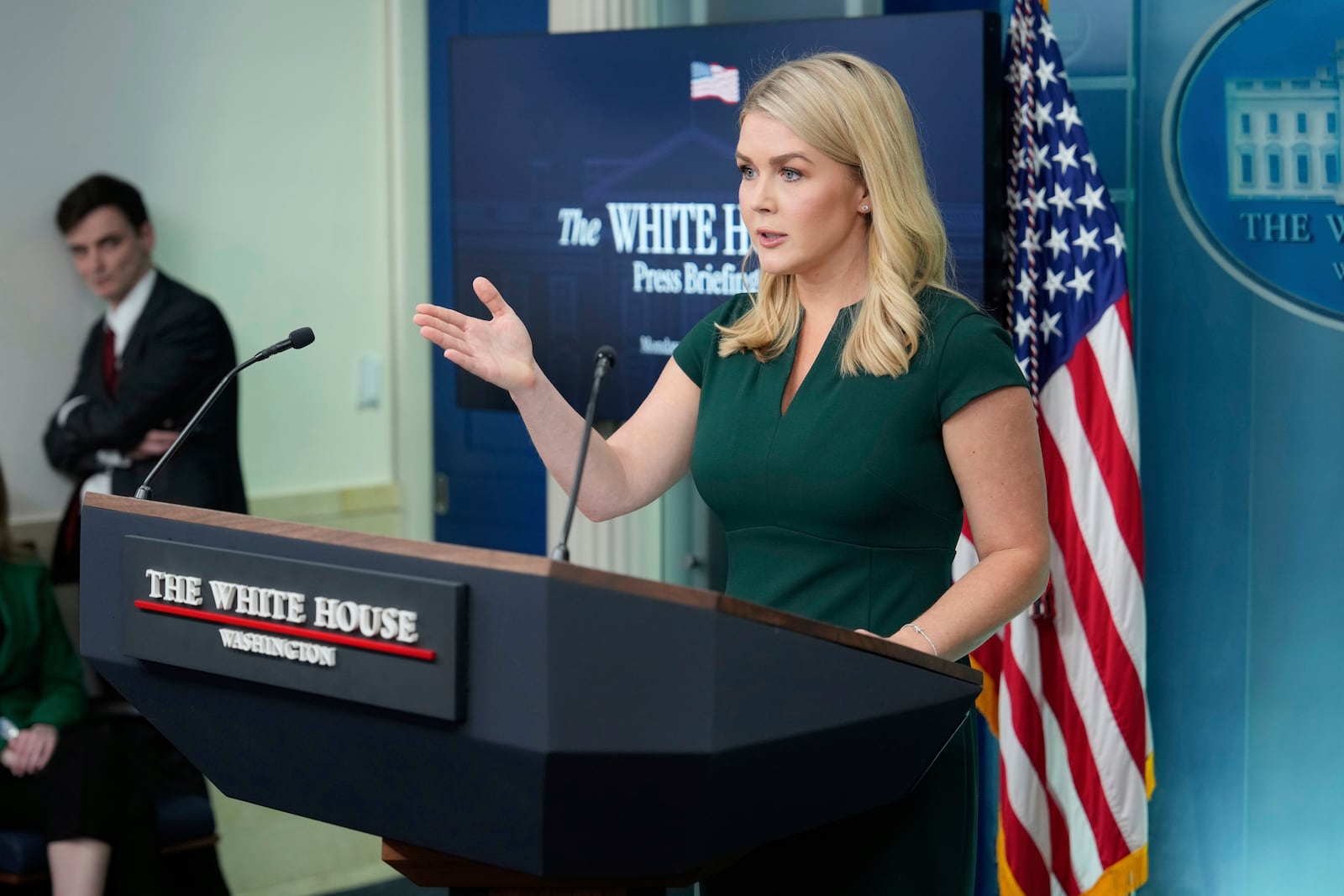 White House press secretary Karoline Leavitt speaks during the daily briefing at the White House in Washington, Monday, March 17, 2025. (AP Photo/Ben Curtis)