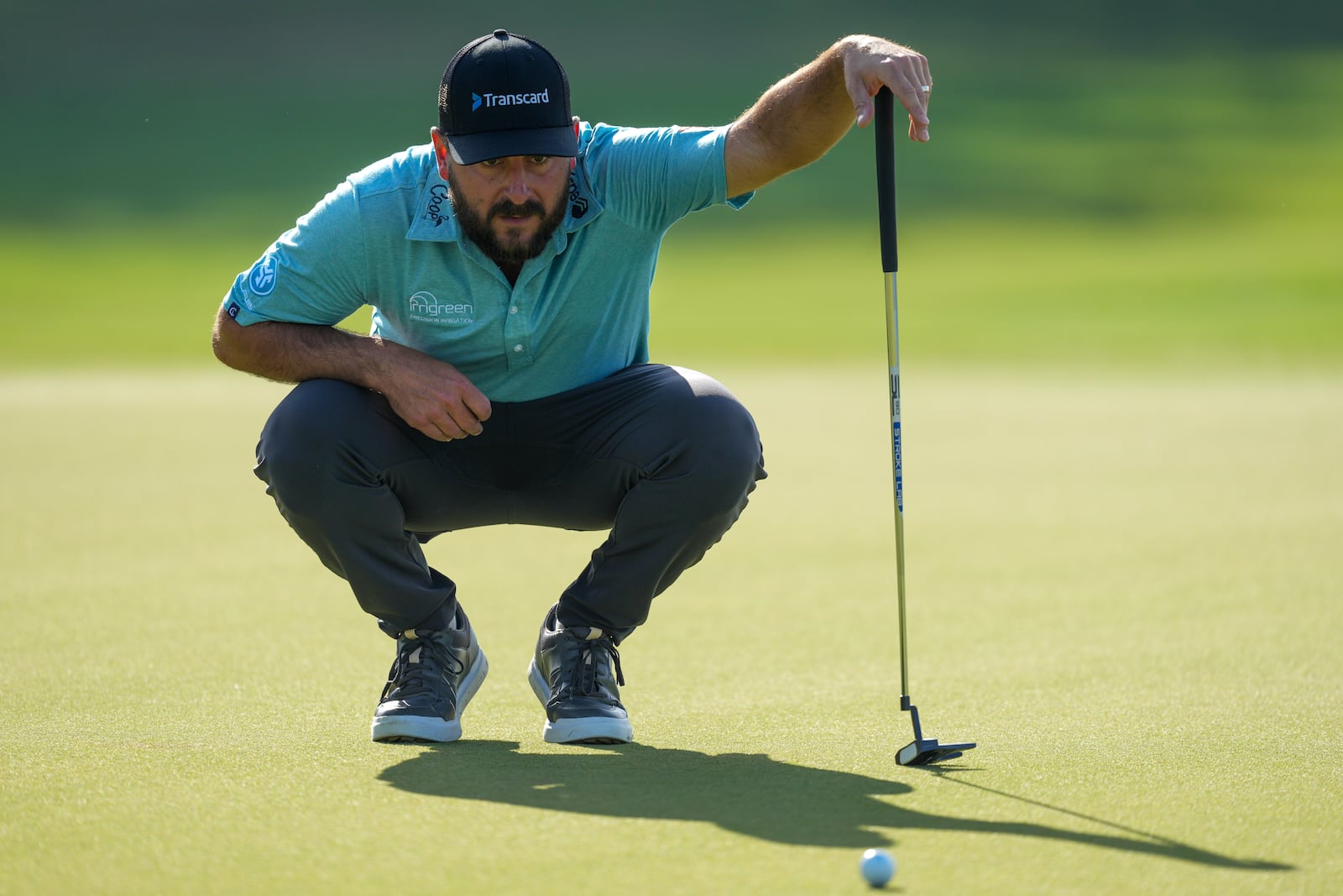 Stephan Jaeger, of Germany, lines up his putt on the green of the 15th hole during the second round of the Mexico Open golf tournament in Puerto Vallarta, Mexico, Friday, Feb. 21, 2025. (AP Photo/Fernando Llano)