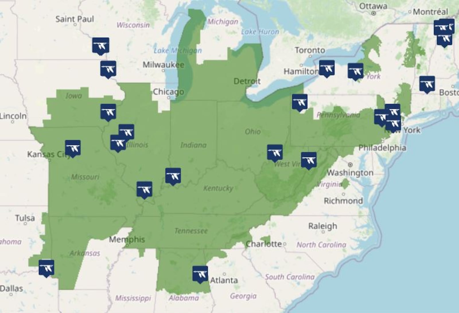 Indiana Bats are highly concentrated during winter hibernation, with 72% of the population hibernating in just four sites in Missouri, Indiana, and Illinois. Other states within the range include Alabama, Arkansas, Connecticut, Georgia, Iowa, Kentucky, Maryland, Michigan, Mississippi, New Jersey, New York, North Carolina, Ohio, Oklahoma, Pennsylvania, Tennessee, Vermont, Virginia and West Virginia. Credit: U.S. Fish and Wildlife Service.