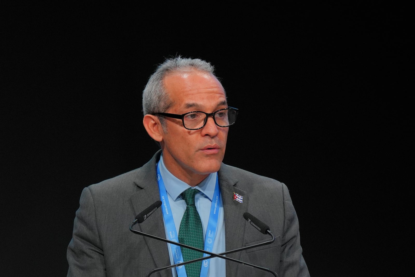 Cuba Environment Minister Armando Rodriguez Batista speaks during a plenary session at the COP29 U.N. Climate Summit, Tuesday, Nov. 19, 2024, in Baku, Azerbaijan. (AP Photo/Peter Dejong)