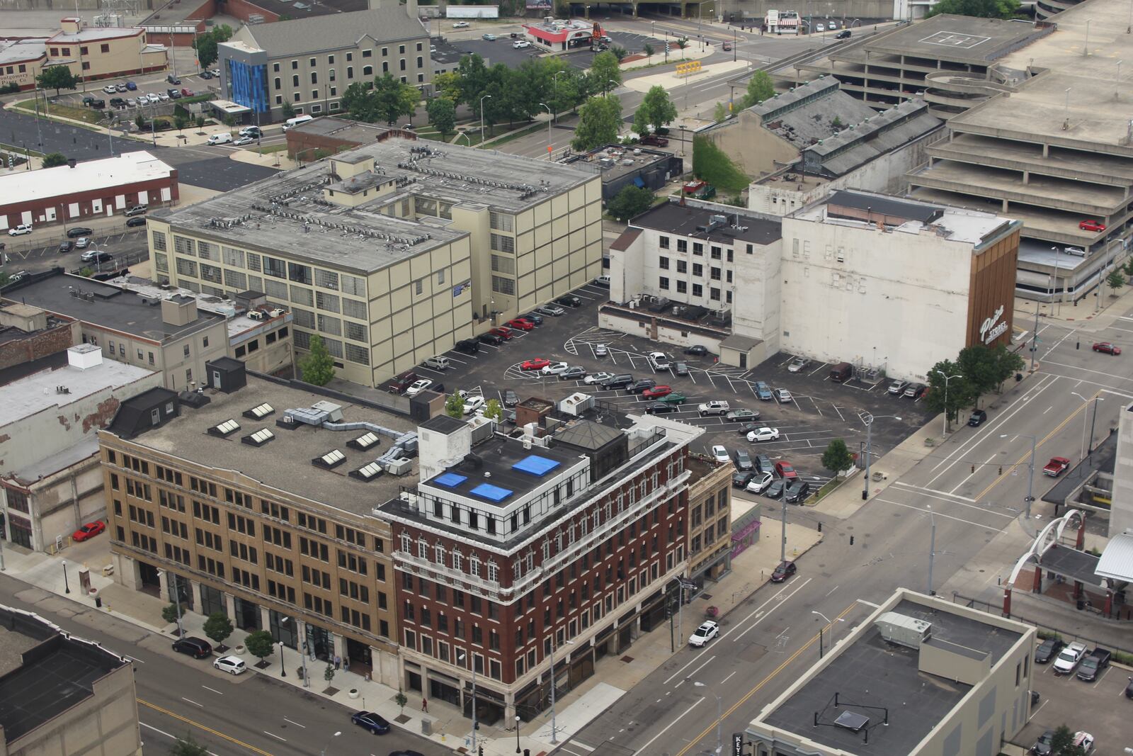 An aerial view of the corner of East Third and Jefferson streets. CORNELIUS FROLIK / STAFF