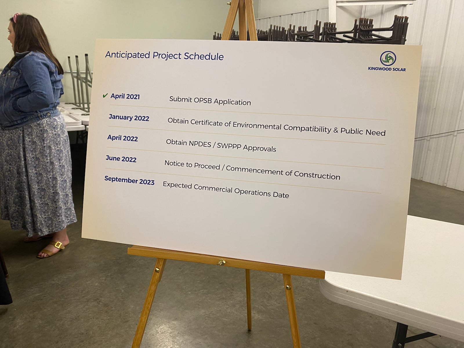 A photo of an easel showing the anticipated project schedule for the proposed solar farm in Greene County on Tuesday. Eileen McClory / Staff