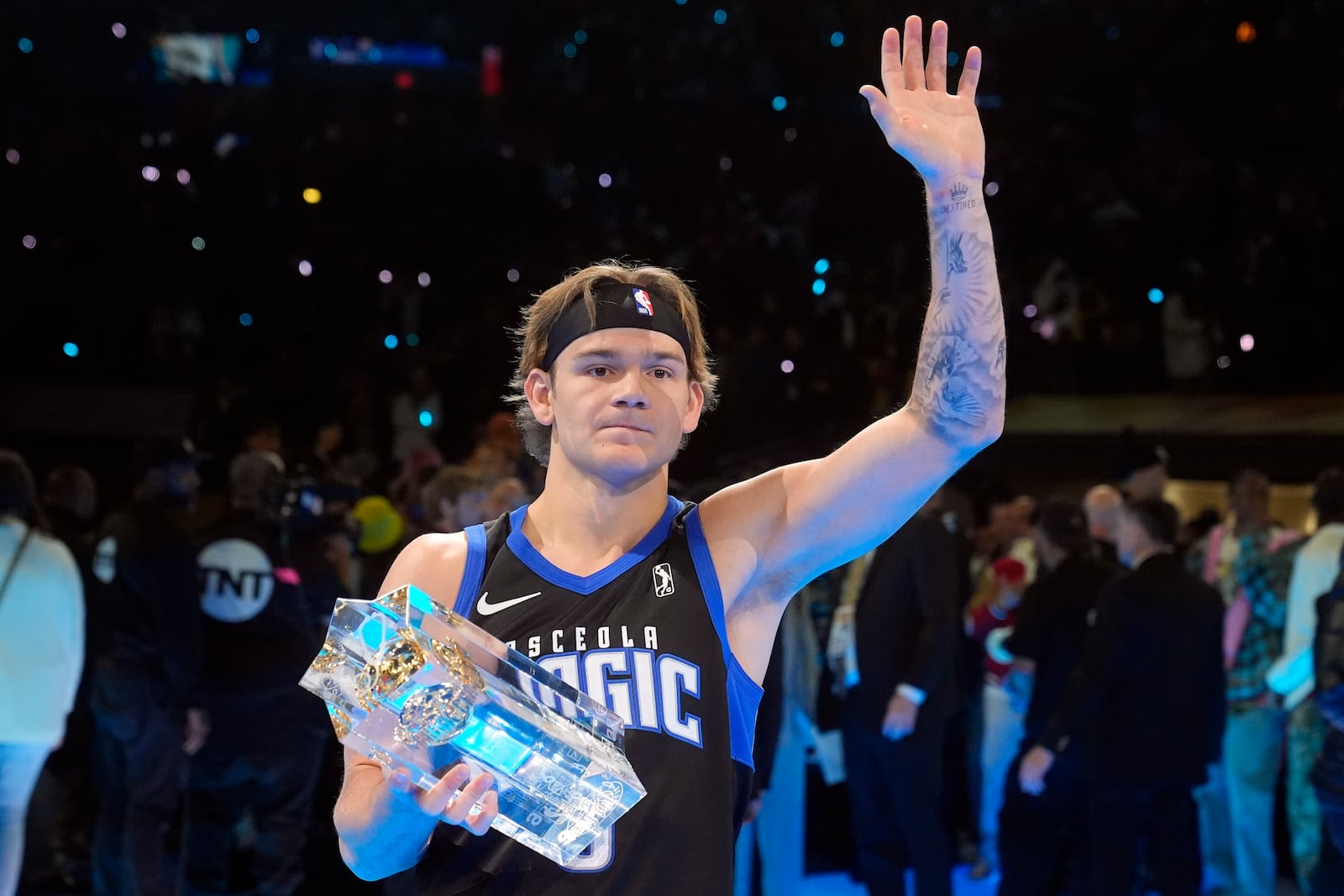 FILE - Osceola Magic's Mac McClung waves after winning the slam dunk competition at the NBA basketball All-Star weekend, Saturday, Feb. 17, 2024, in Indianapolis. (AP Photo/Darron Cummings)