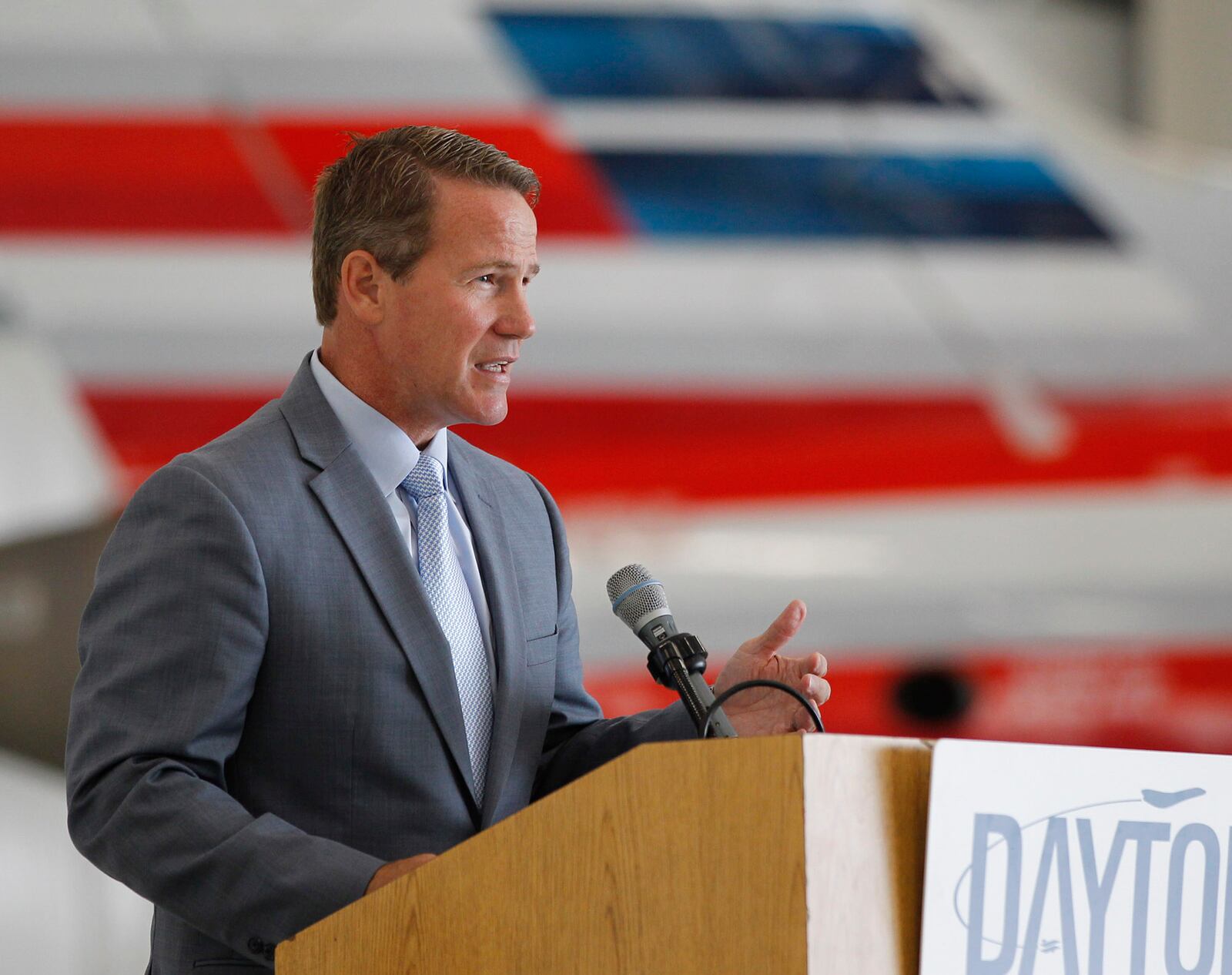 Candidate for Ohio Governor Mike DeWine's running mate for Lt. Governor Jon Husted during a Dayton Chamber of Commerce meeting on Thursday, August 16.   TY GREENLEES / STAFF