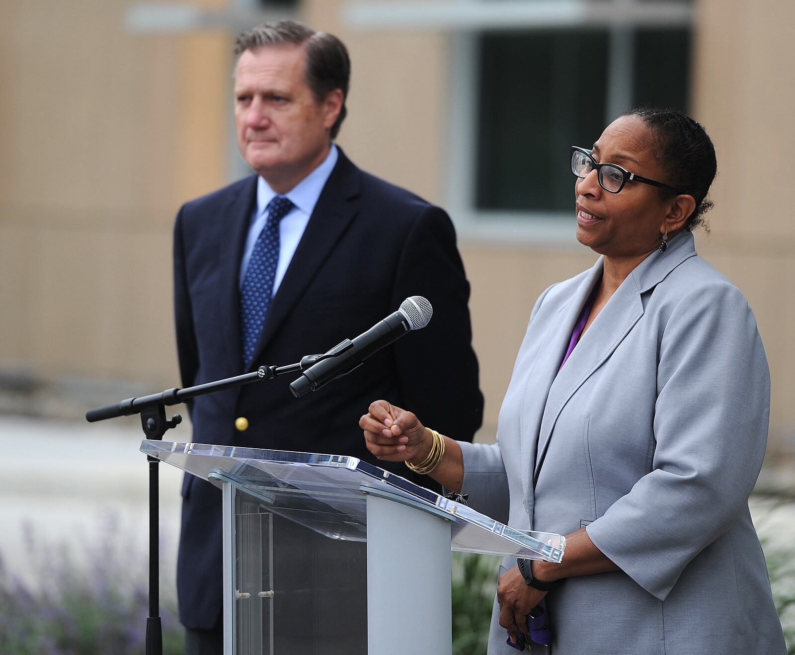 Gina McFarlane, CEO of Five Rivers Health Centers, and Congressman Mike Turner discussed how federal funds help the health center serve patients throughout the Miami Valley on Tuesday, June 27, 2023. Five Rivers Health Center has received $2.3 million in federal funding so far this year. MARSHALL GORBY\STAFF