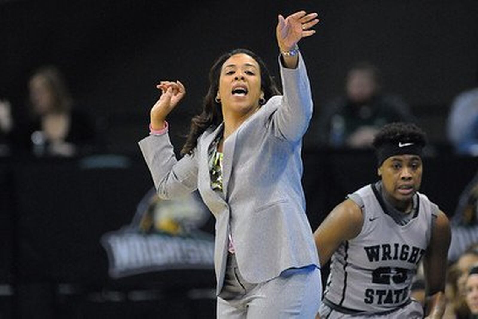 Katrina Merriweather talks to some of her players during Sunday’s game vs. Oakland at the Nutter Center. Tim Zechar/Contributed photo