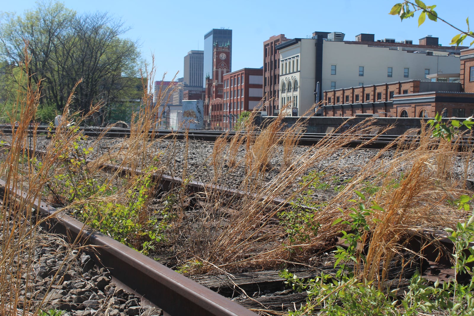 An abandoned rail line near the Oregon District that the city of Dayton is trying to acquire to turn into a new recreational trail called the Flight Line. CORNELIUS FROLIK / STAFF