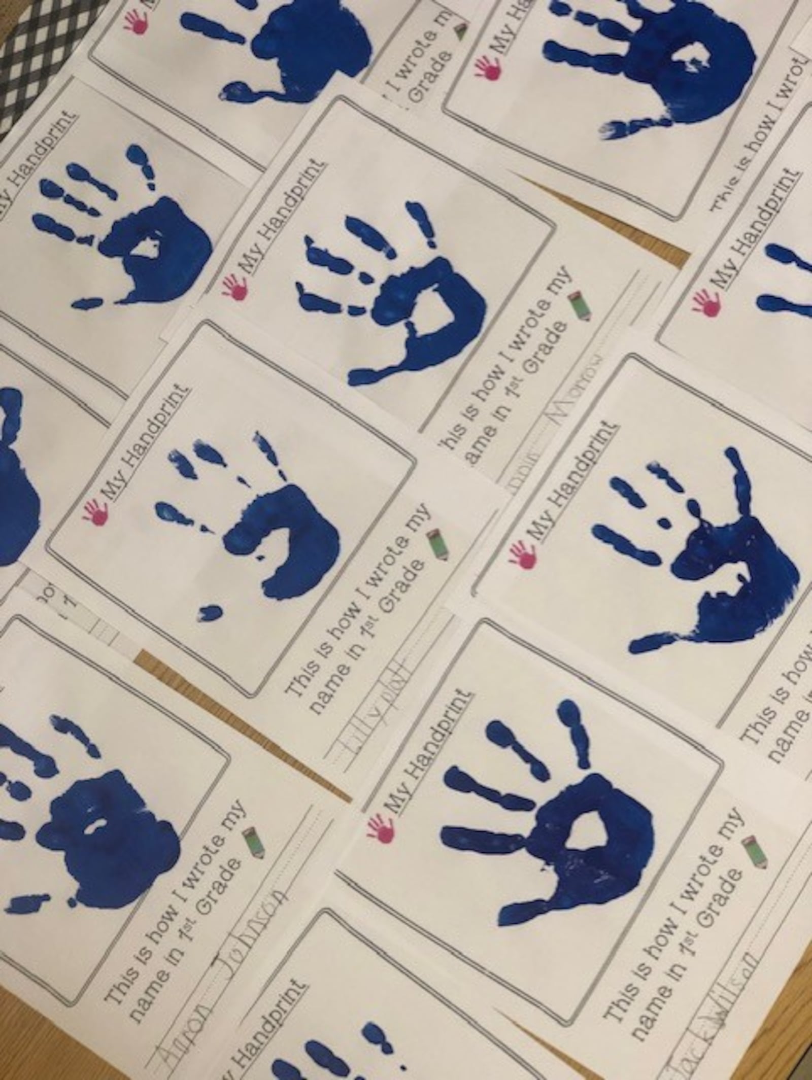 Students' hand prints to put in their time capsule in Alyce Haren's class at Clearcreek Elementary. Courtesy of Alyce Haren.