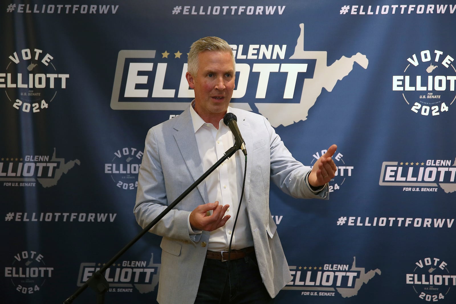 FILE - West Virginia Democratic Senate candidate Glenn Elliott gives a victory speech during the primary election results, May 14, 2024, in Wheeling, W.Va. (AP Photo/Kathleen Batten, File)