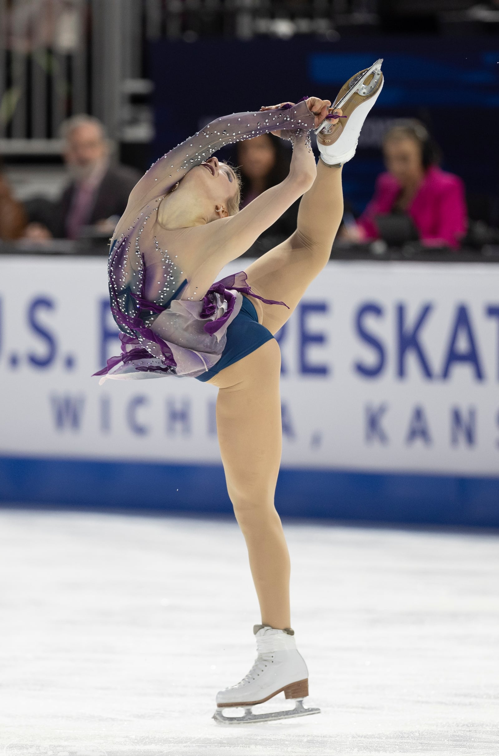 Amber Glenn performs during the women's free skate competition at the U.S. figure skating championships Friday, Jan. 24, 2025, in Wichita, Kan. (AP Photo/Travis Heying)