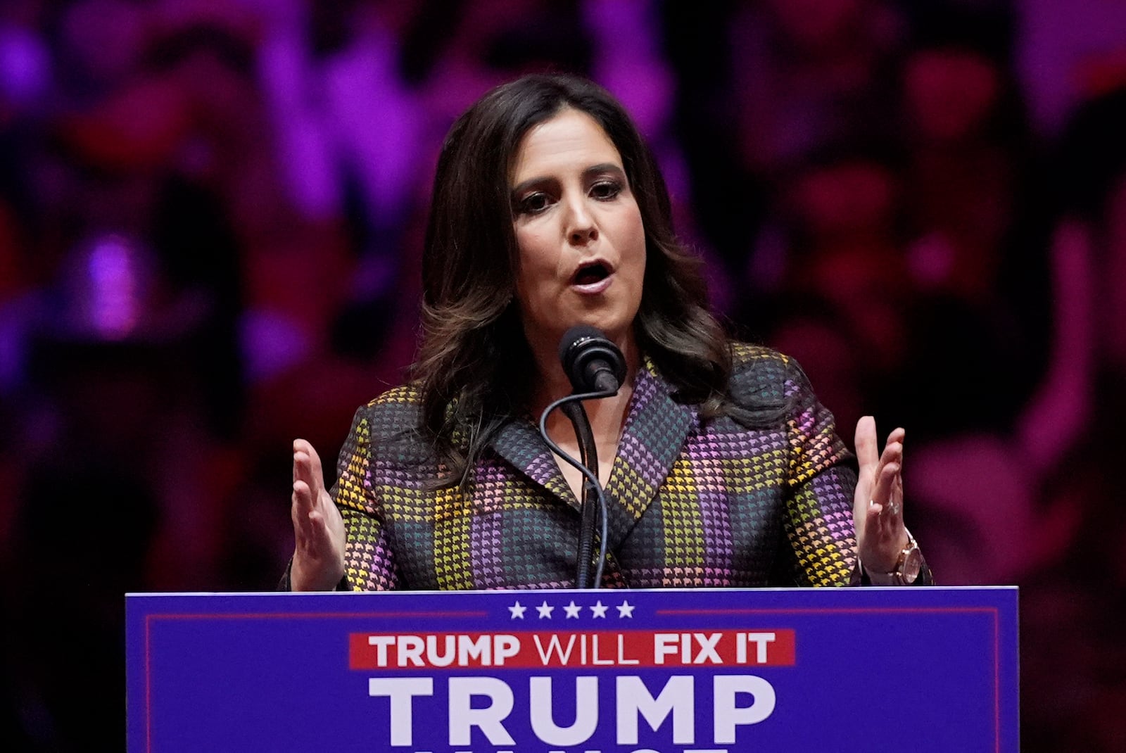 Rep. Elise Stefanik, R-N.Y., speaks before Republican presidential nominee former President Donald Trump at a campaign rally at Madison Square Garden, Sunday, Oct. 27, 2024, in New York. (AP Photo/Evan Vucci)