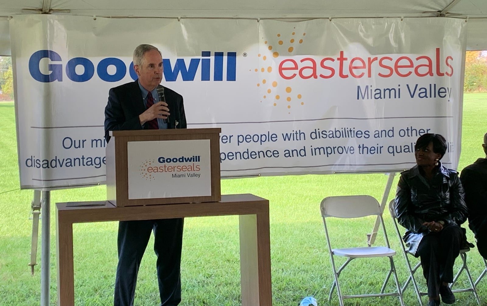 Lance Detrick, CEO of Goodwill easterseals Miami Valley, speaks at an Oct. 28, 2021 groundbreaking for the group's facility that will be built in Trotwood. AIMEE HANCOCK / STAFF