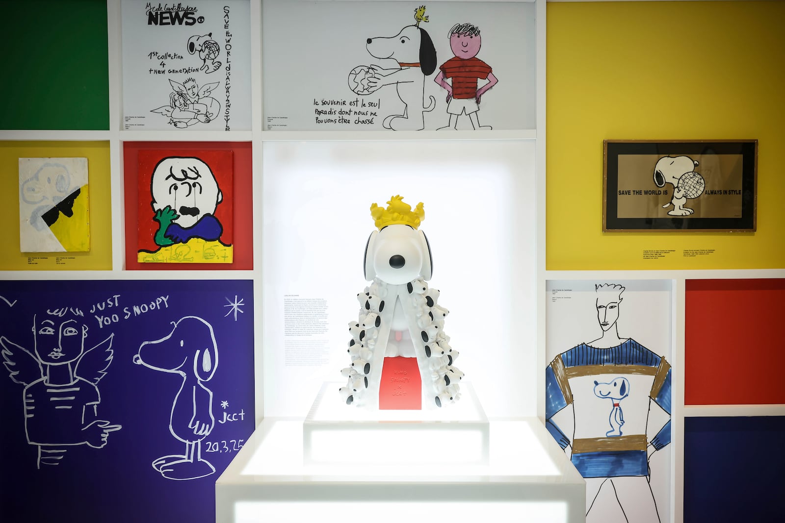 Drawings of Snoopy are displayed as part of Peanuts' 75th Anniversary, at the Snoopy In Style exhibition that runs from March 22 through April 5, in Paris Thursday, March 20, 2025. (AP Photo/Thomas Padilla)