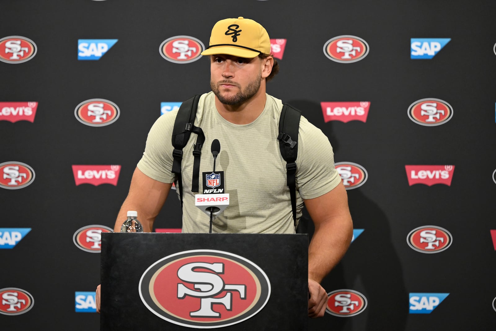 San Francisco 49ers defensive end Nick Bosa speaks at a news conference after an NFL football game against the Dallas Cowboys in Santa Clara, Calif., Sunday, Oct. 27, 2024. (AP Photo/Eakin Howard)