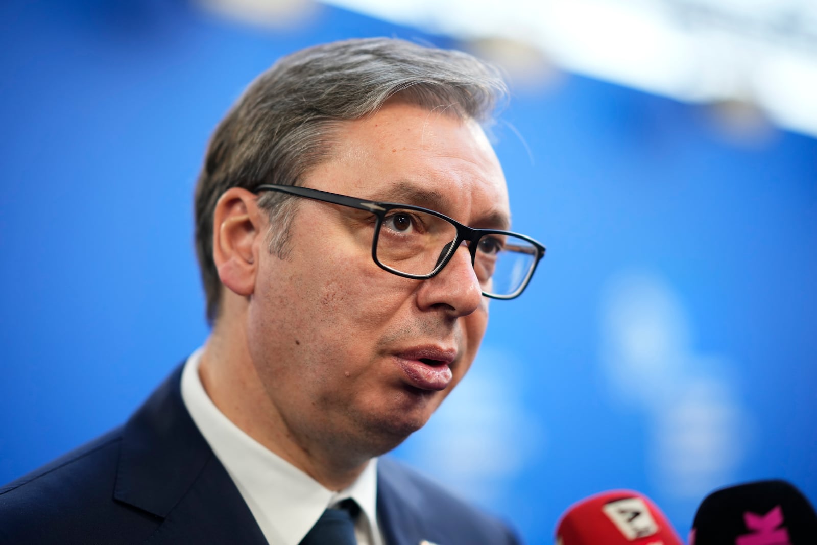 Serbia's President Aleksander Vucic speaks with the media as he arrives for the European Political Community (EPC) Summit at the Puskas Arena in Budapest, Hungary, Thursday, Nov. 7, 2024. (AP Photo/Petr Josek)