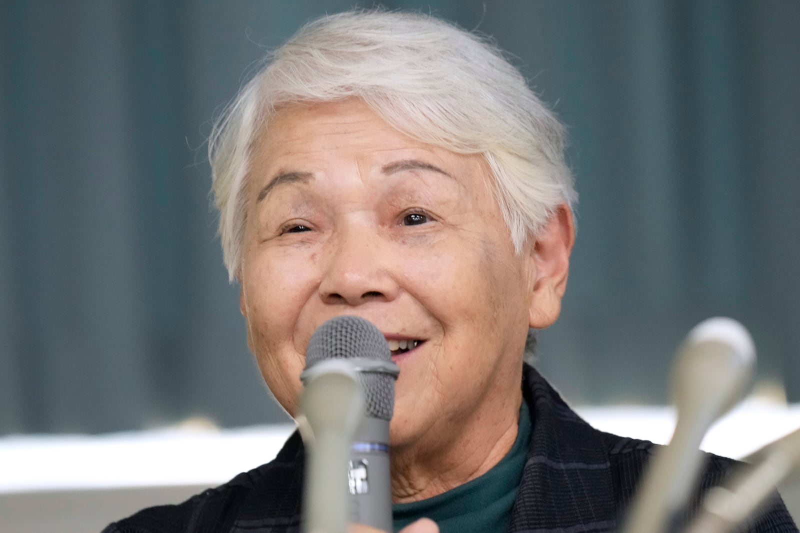 Toshiko Hamanaka, an assistant secretary general of Nihon Hidankyo, speaks during a press conference in Tokyo, Saturday, Oct. 12, 2024, a day after Nihon Hidankyo, or the Japan Confederation of A- and H-Bomb Sufferers Organizations, won the Nobel Peace Prize. (AP Photo/Hiro Komae)