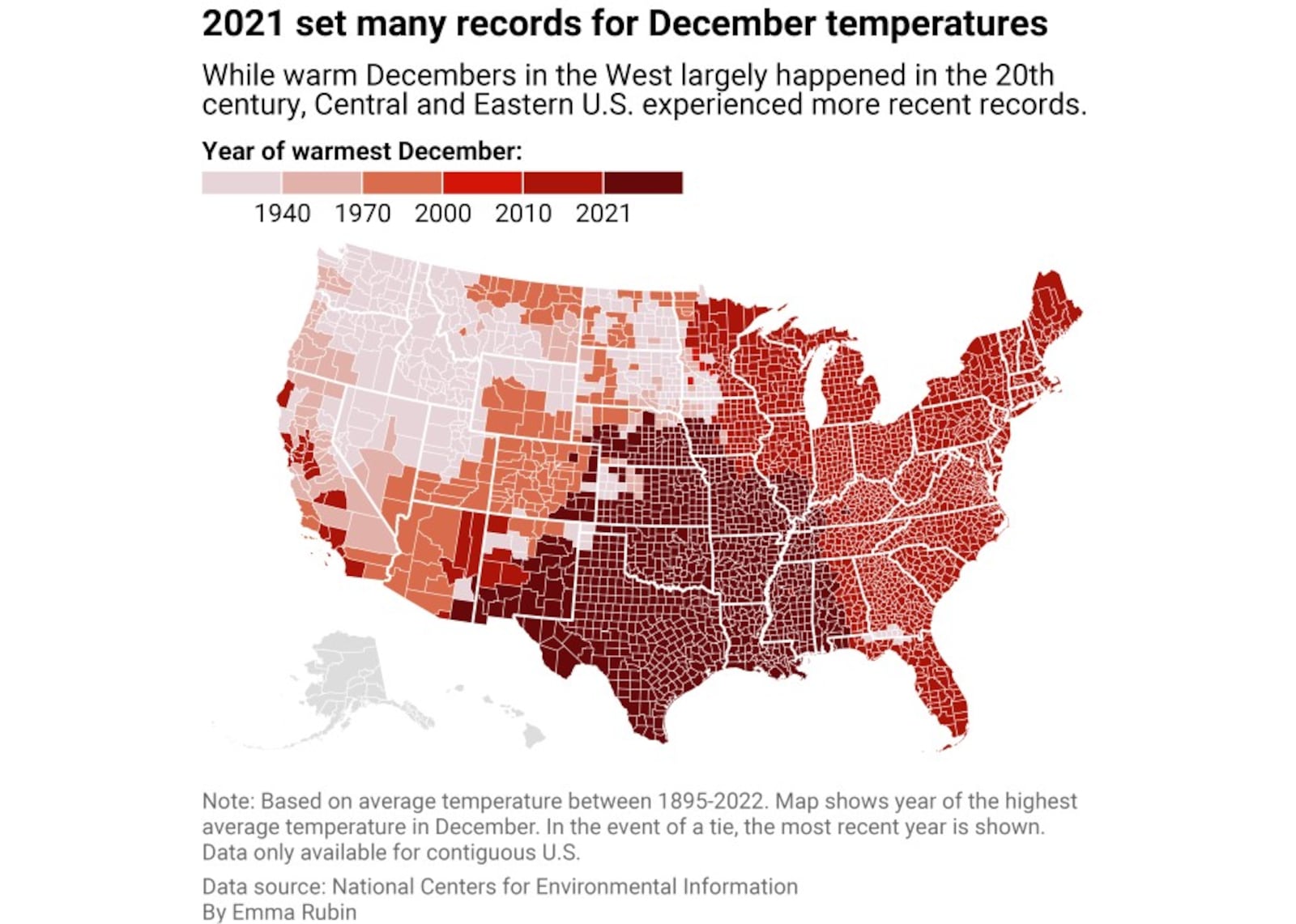 Warmest Decembers in Montgomery County, Ohio history. CREDIT: NATIONAL CENTERS FOR ENVIRONMENTAL INFORMATION / EMMA RUBIN