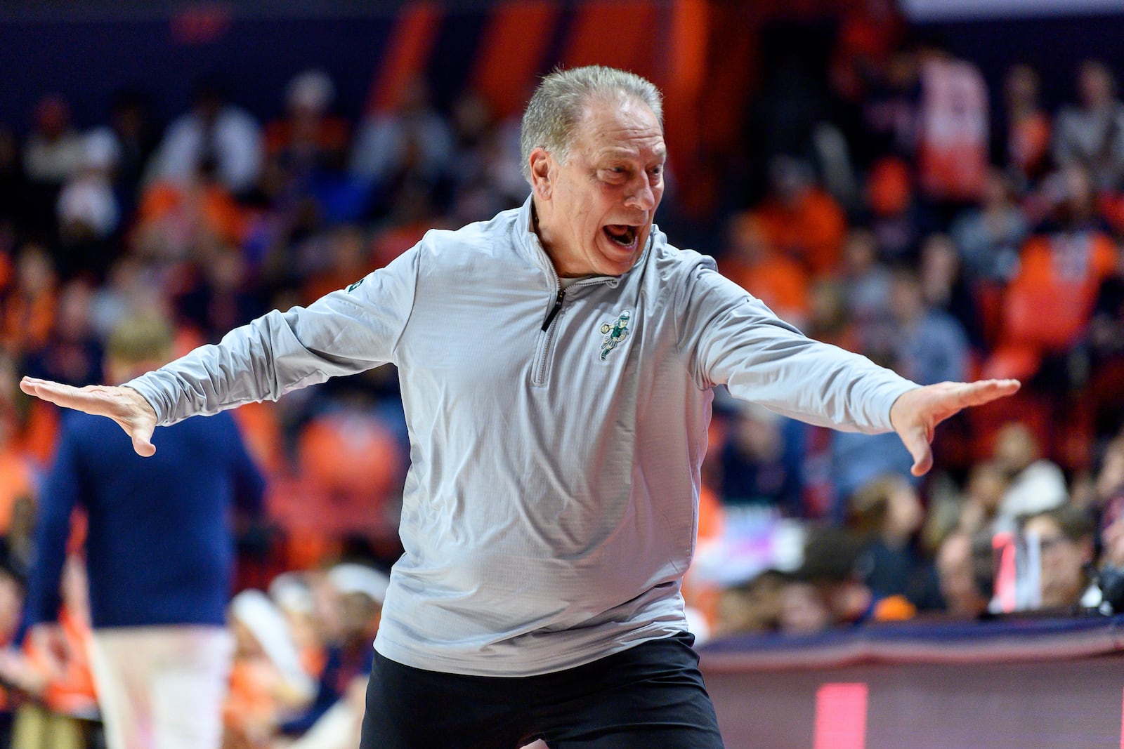 Michigan State Tom Izzo gestures to his bench during the second half of an NCAA college basketball game against Illinois, Saturday, Feb. 15, 2025, in Champaign, Ill. (AP Photo/Craig Pessman)