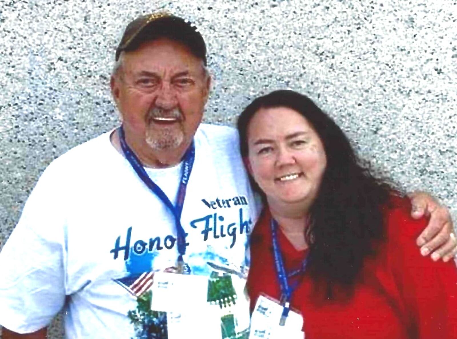 Bernie Coppock and his daughter Kelly in front of the Ohio Pillar at the World War II Memorial during an Honor Flight tour to Washington, D.C. CONTRIBUTED