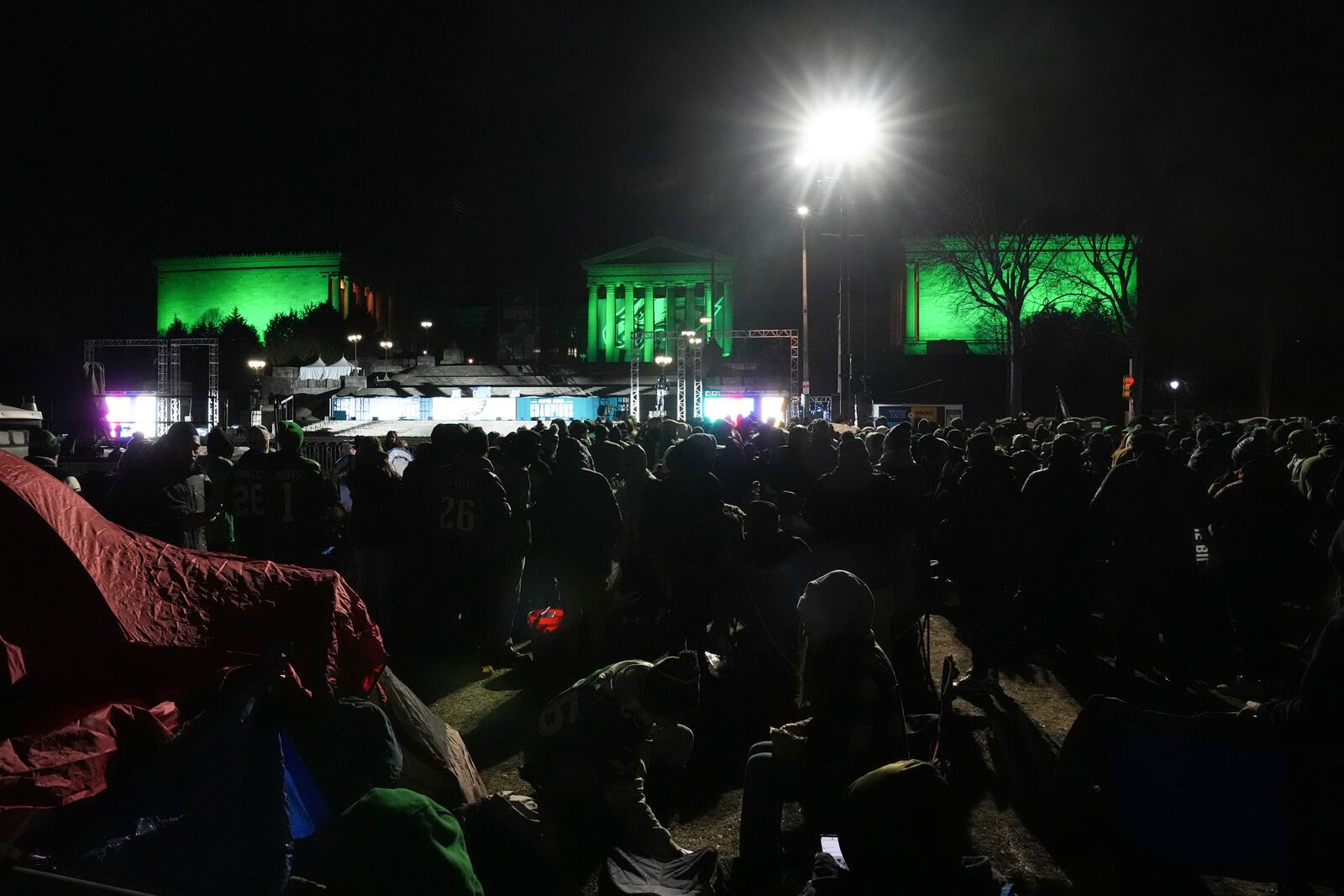 Fans gather before the Philadelphia Eagles NFL football Super Bowl 59 parade and celebration, Friday, Feb. 14, 2025, in Philadelphia. (AP Photo/Matt Rourke)