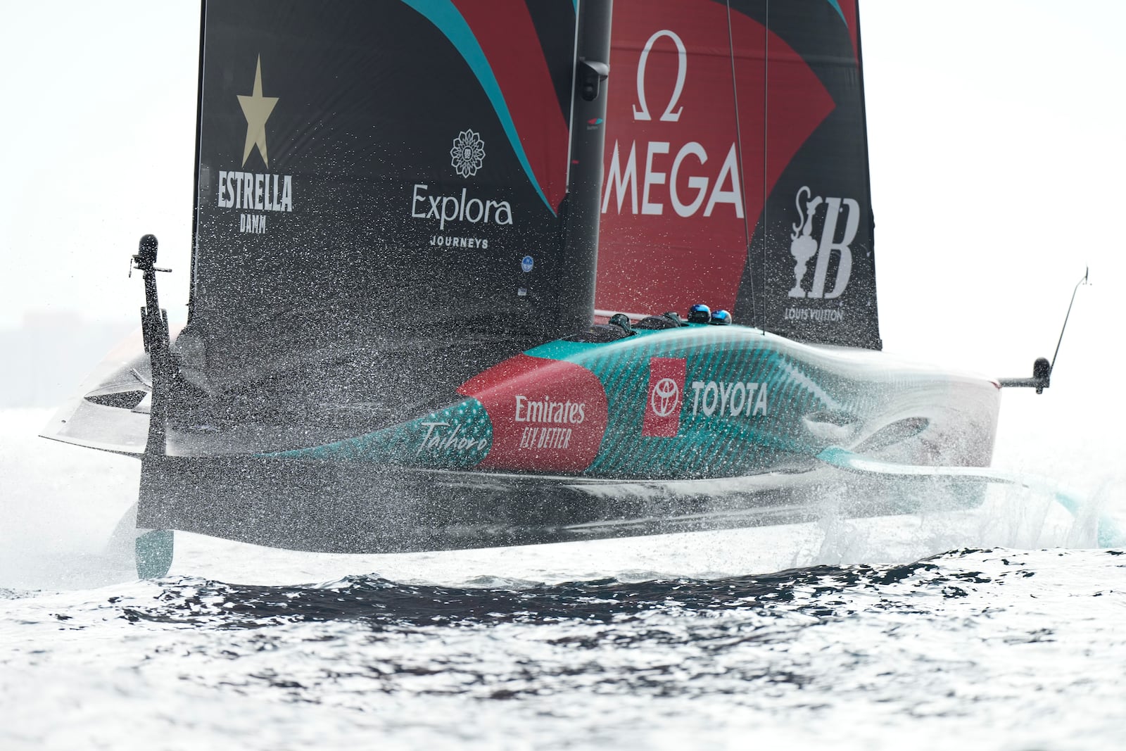 Emirates Team New Zealand crew sails before the Louis Vuitton 37th America's Cup race in Barcelona, Spain, Saturday, Oct. 12, 2024. (AP Photo/Bernat Armangue)