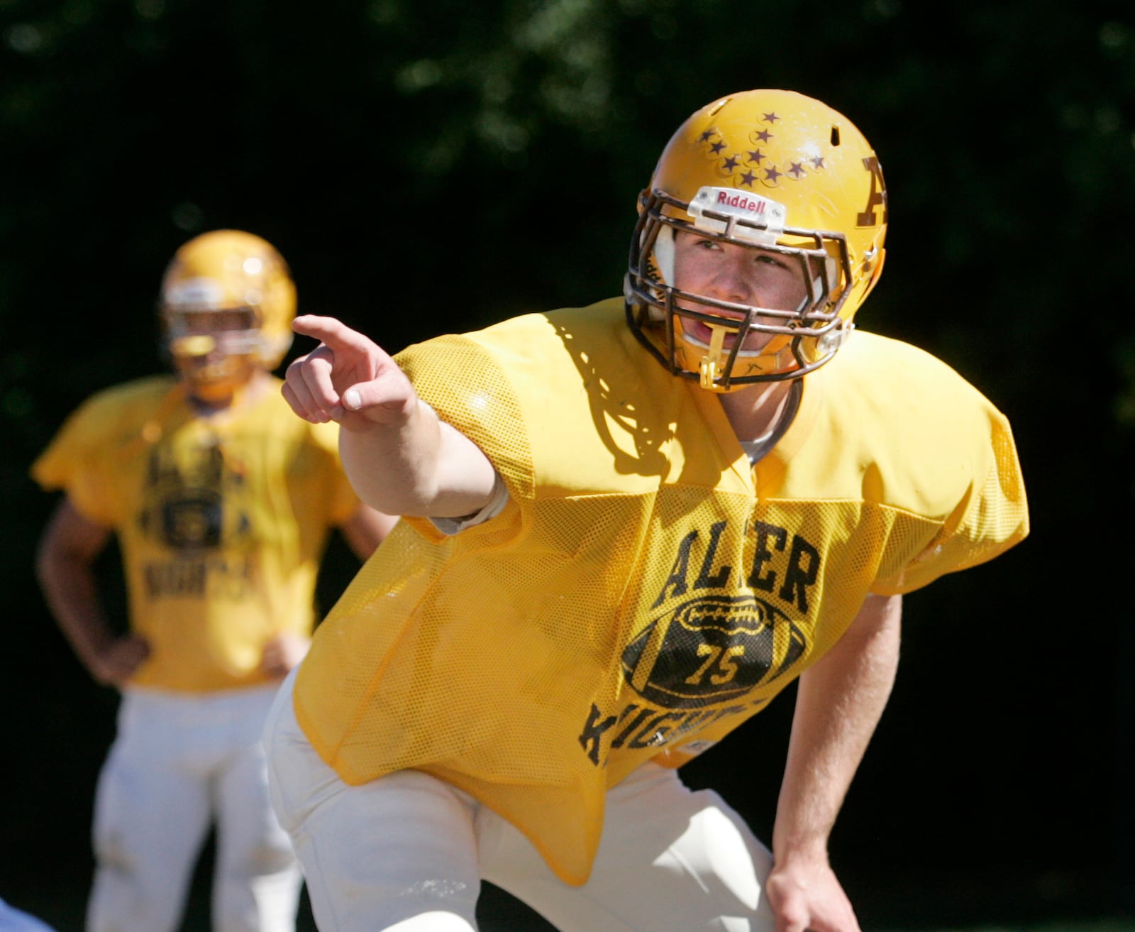 Sept 8, 2010. Joe Thuney calles out a signal as he practices with the offensive line during an Alter High School football scrimage. Thuney plays on the offensive and defensive line.