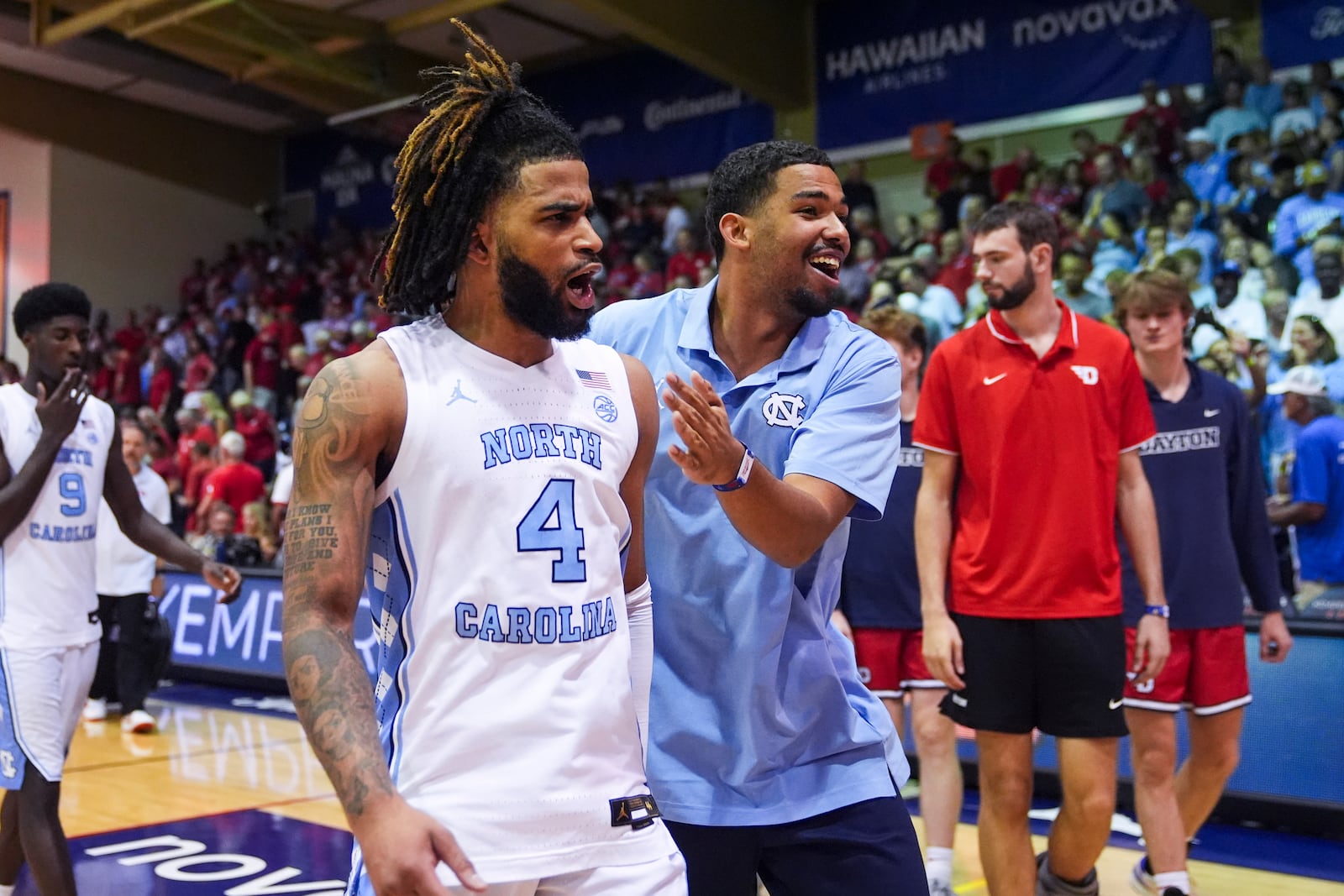 North Carolina guard RJ Davis celebrates a 92-90 win over Dayton in an NCAA college basketball game at the Maui Invitational Monday, Nov. 25, 2024, in Lahaina, Hawaii. (AP Photo/Lindsey Wasson)