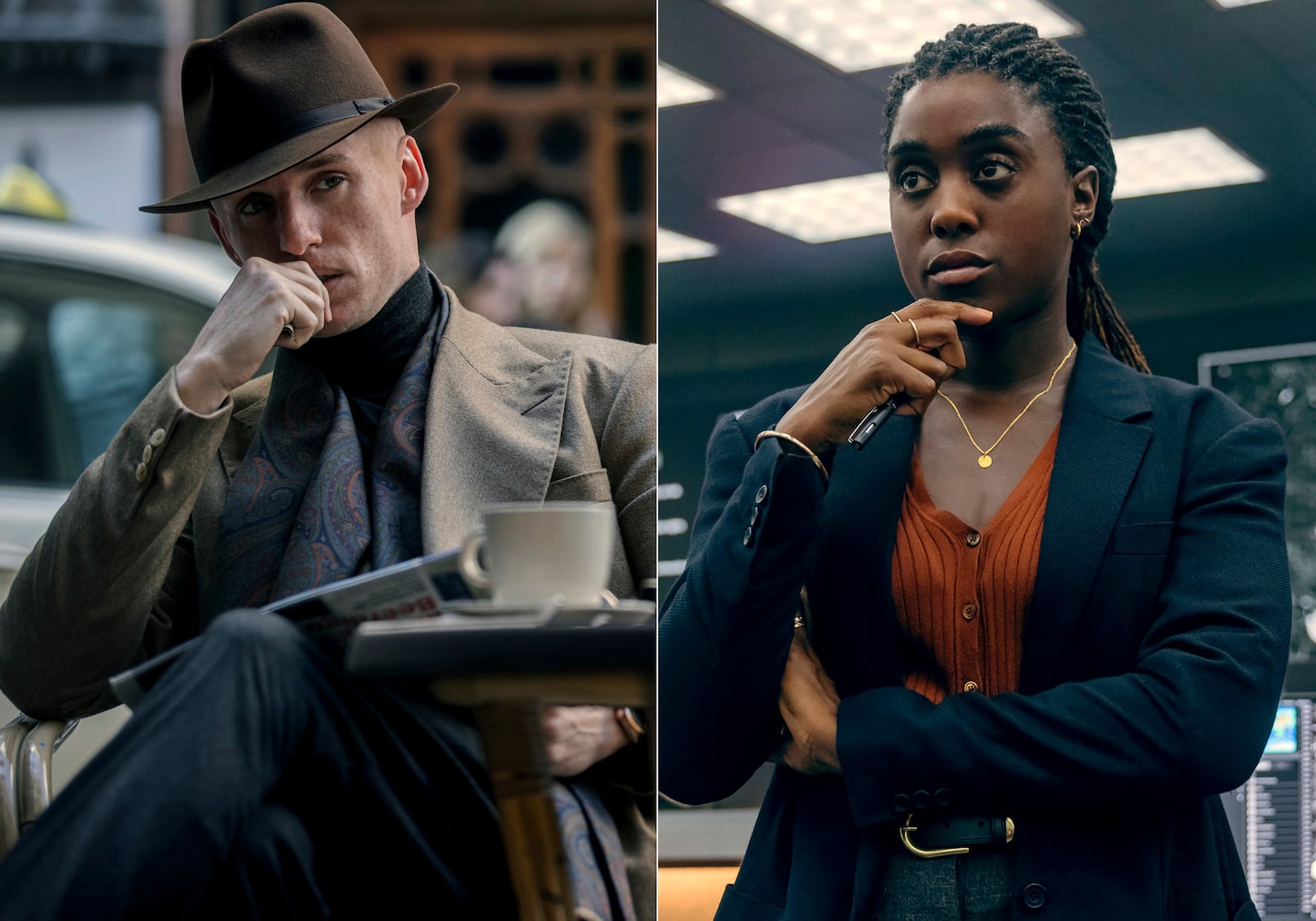 This combination of images released by Peacock shows Eddie Redmayne as the Jackal, left, and Lashana Lynch as Bianca in scenes from "The Day of the Jackal." (Marcell Piti/Peacock via AP)