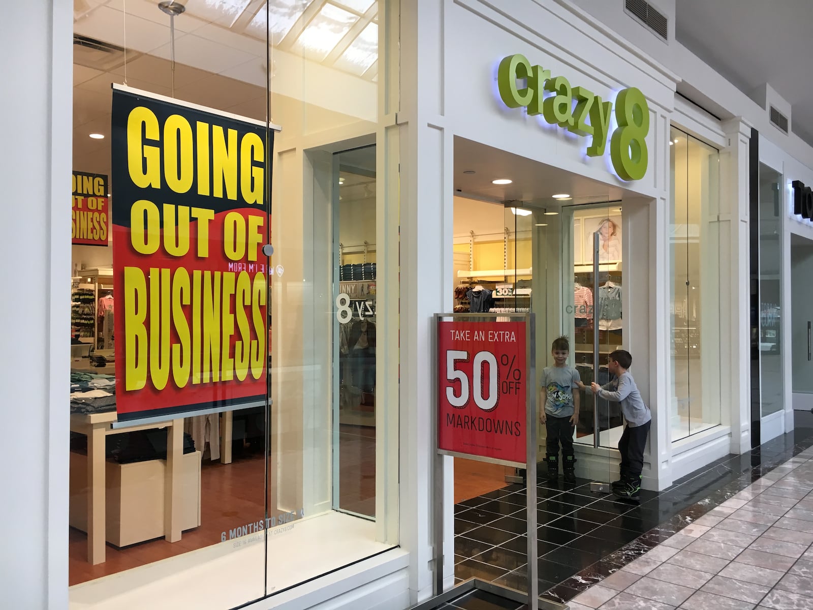 Crazy 8 is having sales at the Mall at Fairfield Commons as it prepares to close after filing for bankruptcy. STAFF PHOTO / HOLLY SHIVELY