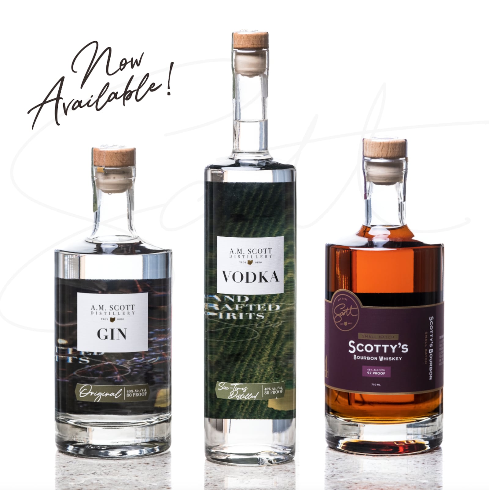 A.M. Scott Distillery in Troy has released its full collection of spirits, which includes four vodkas, two gins and three bourbons (CONTRIBUTED PHOTO).