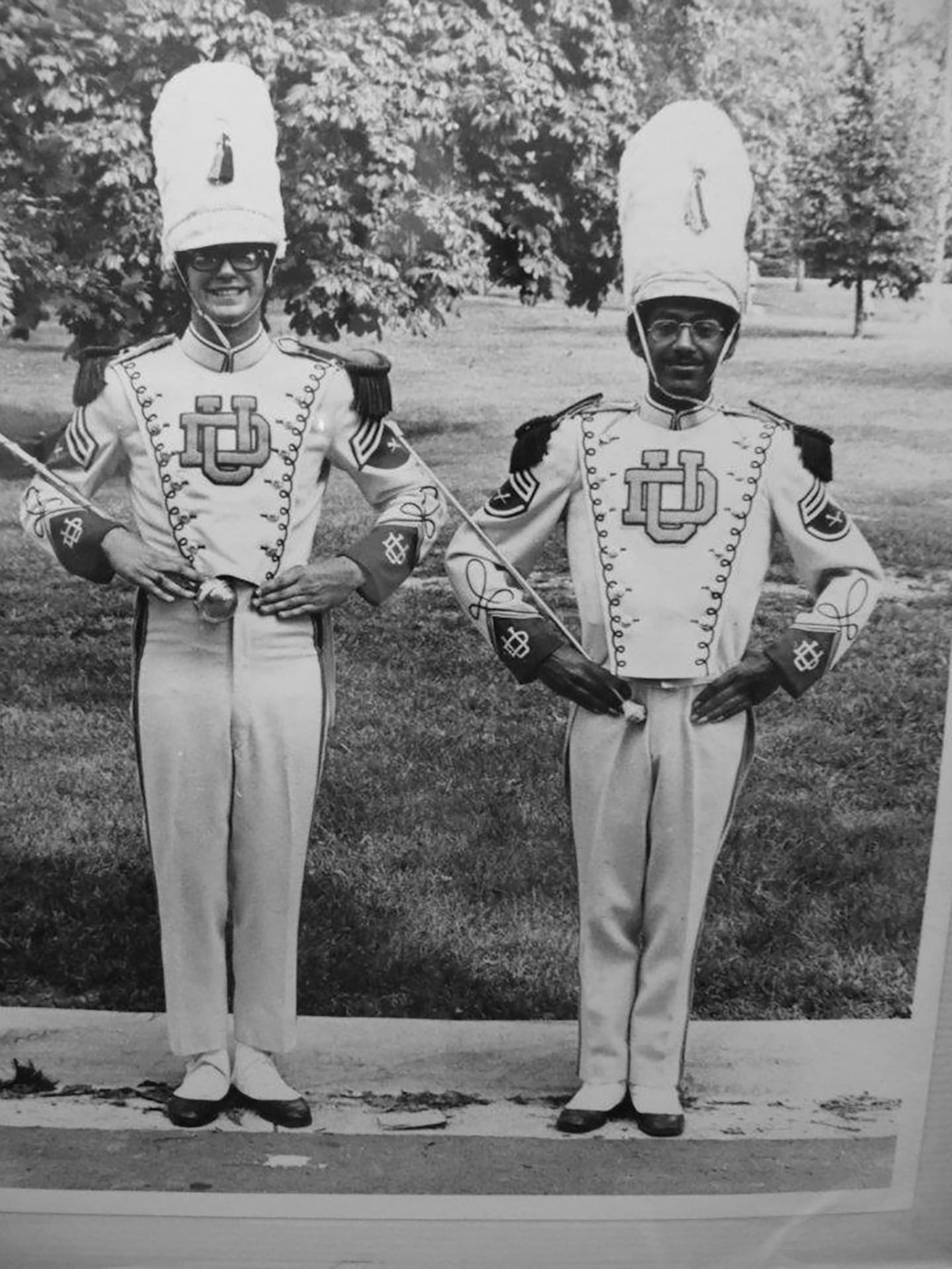 Mike Trego (L) as a member of the Pride of Dayton Marching Band in the early 19771 at UD. He became field commander of the band. He is shown with Roger Tate.