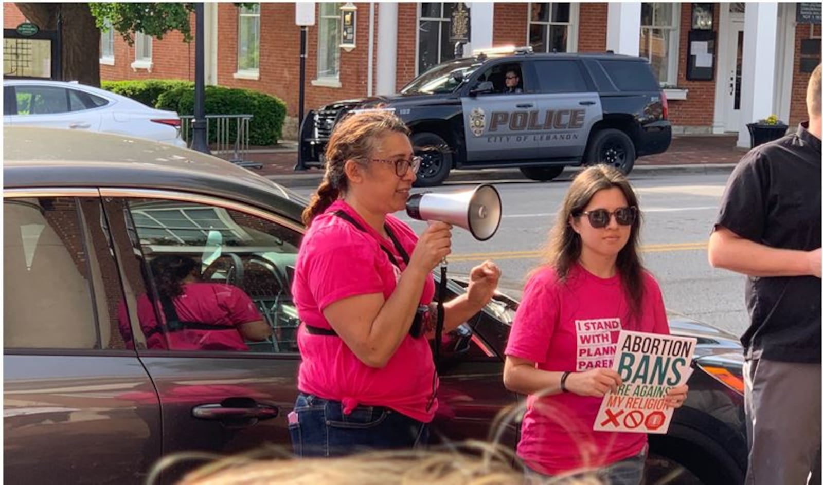 Lebanon police kept an eye on a pro-abortion rally held Tuesday in front of the Lebanon City Building to ensure there were disruptions. One person was separated from the rally after trying to shout down pro-abortion supporters. ED RICHTER/STAFF