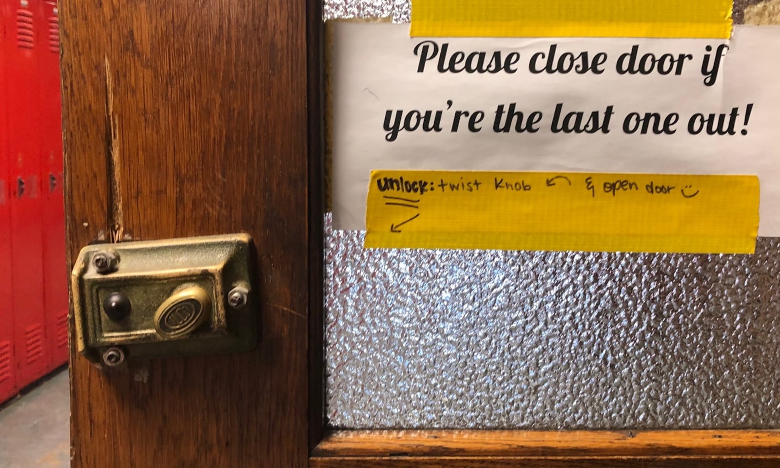 A note reminds students and staff how to use the old lock on the Franklin Junior High music room. Franklin voters will decide this fall whether to support a ballot issue to build new schools.