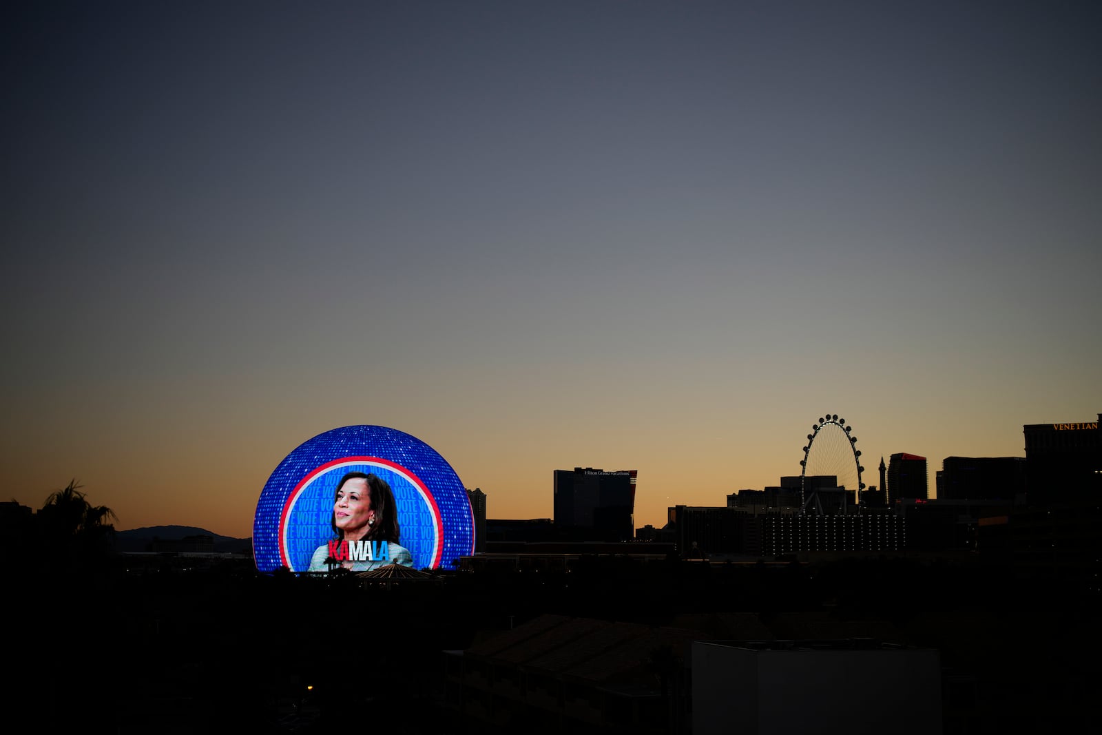 A political advertisement for Democratic presidential nominee Vice President Kamala Harris is displayed on the Sphere, Monday, Nov. 4, 2024, in Las Vegas. (AP Photo/John Locher)