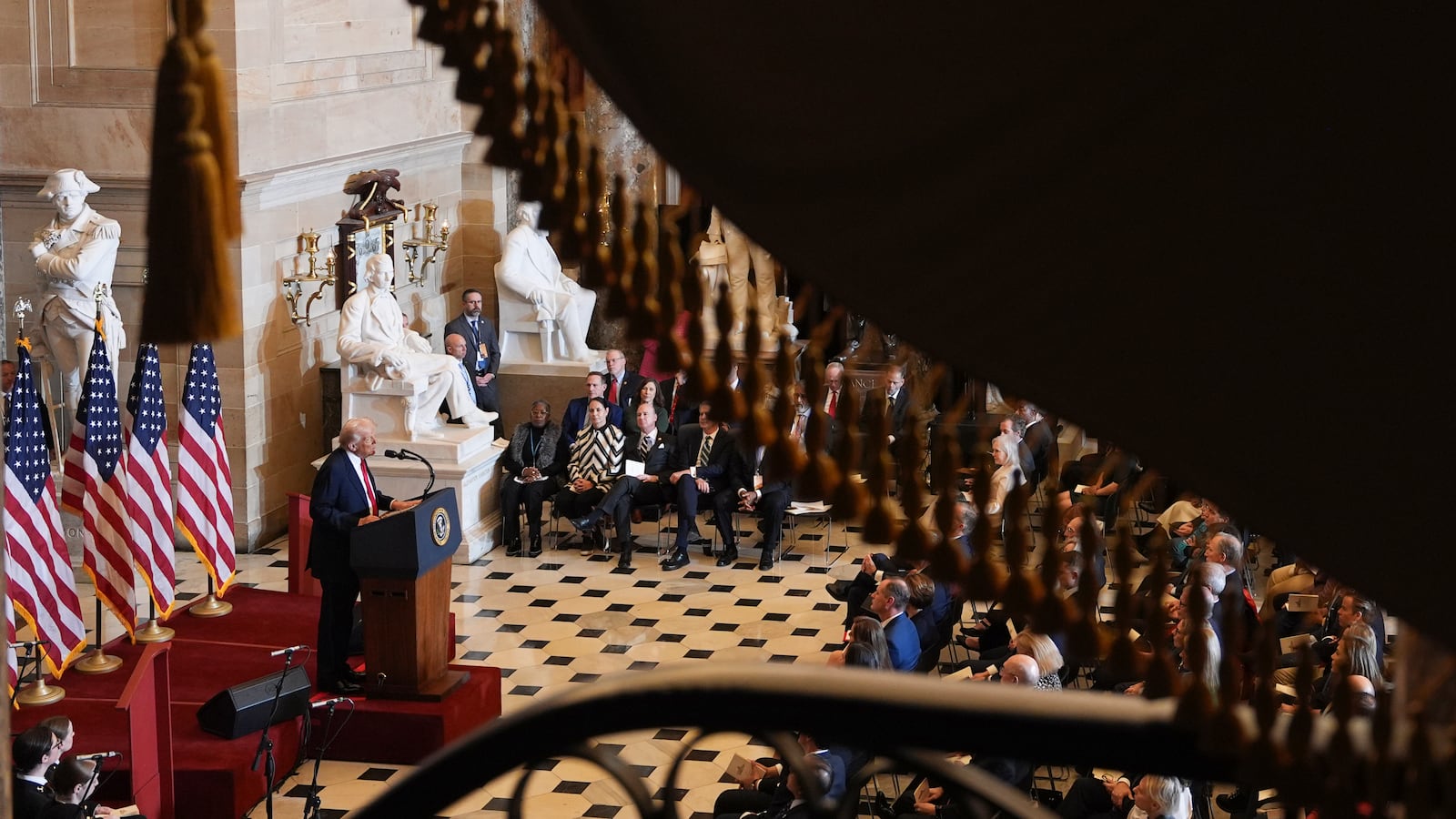 President Donald Trump speaks during the National Prayer Breakfast on Capitol Hill, Thursday, Feb. 6, 2025, in Washington. (AP Photo/Evan Vucci)