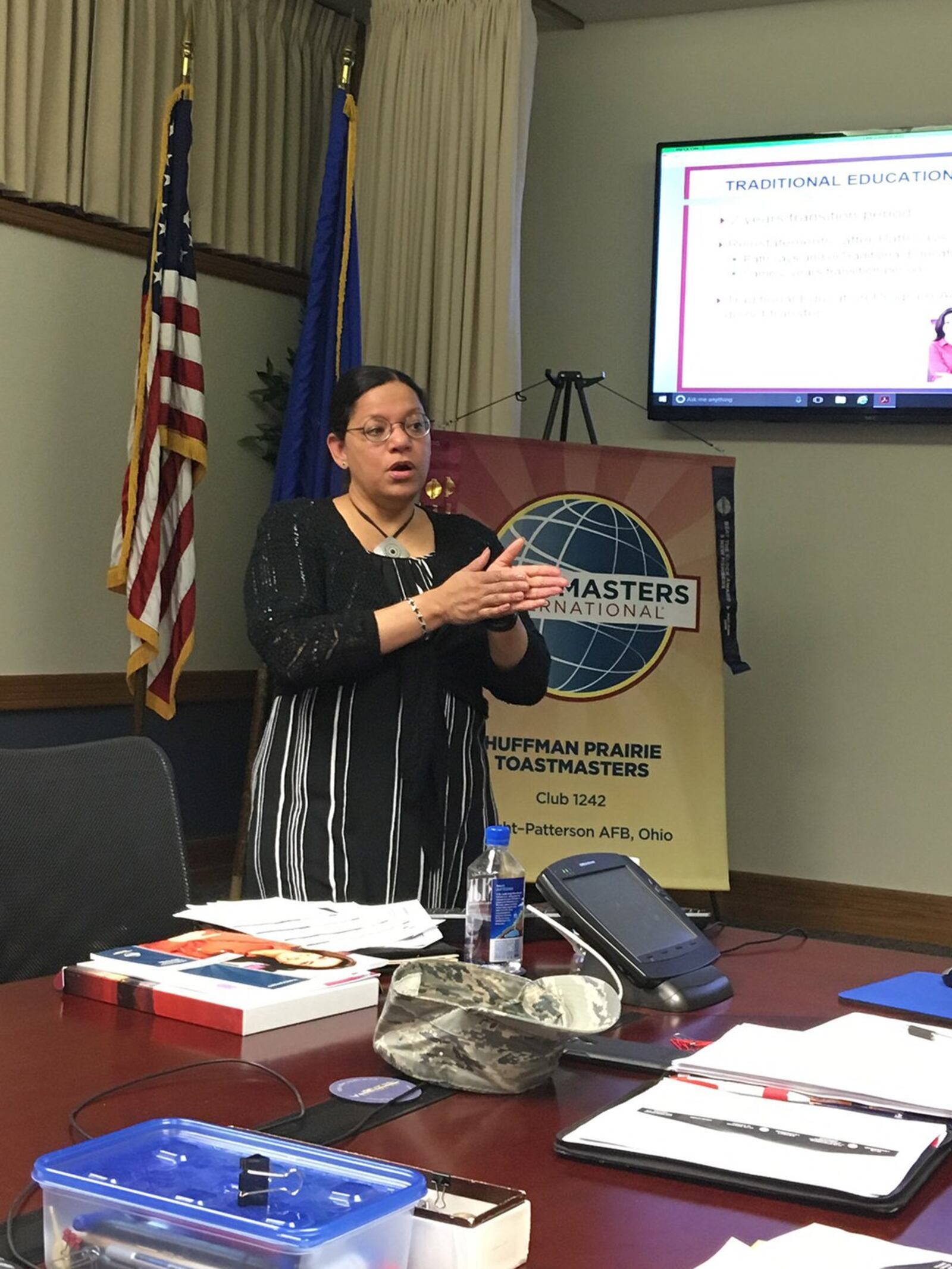 Special guest speaker Estelle Gibson tells a Toastmasters club at Wright-Patterson Air Force Base about Pathways, new program format for Toastmaster’s that combines aspects of both leadership and communication and fuses them into a more individually tailored learning experience. (U.S. Air Force photo/Jeannie Masters)