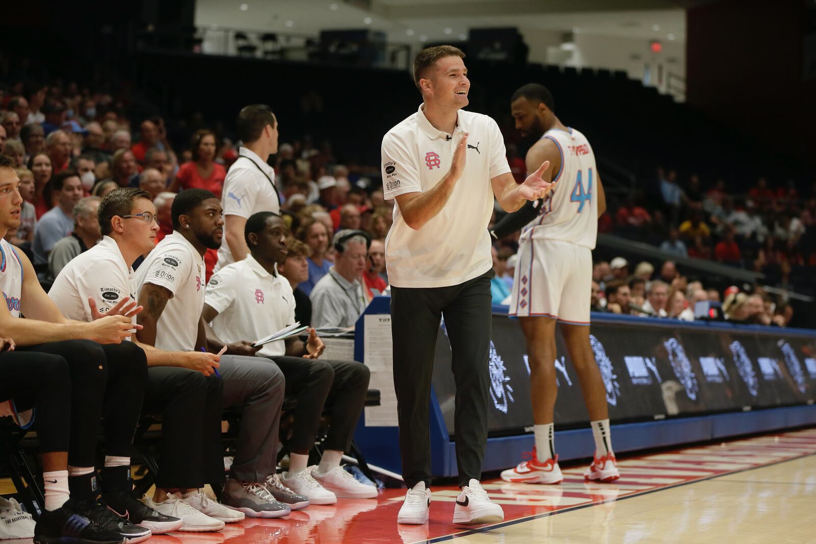 The Red Scare's Joey Gruden coaches during a game against CitiTeam in the first round of The Basketball Tournament on Sunday, July 24, 2022, at UD Arena. David Jablonski/Staff