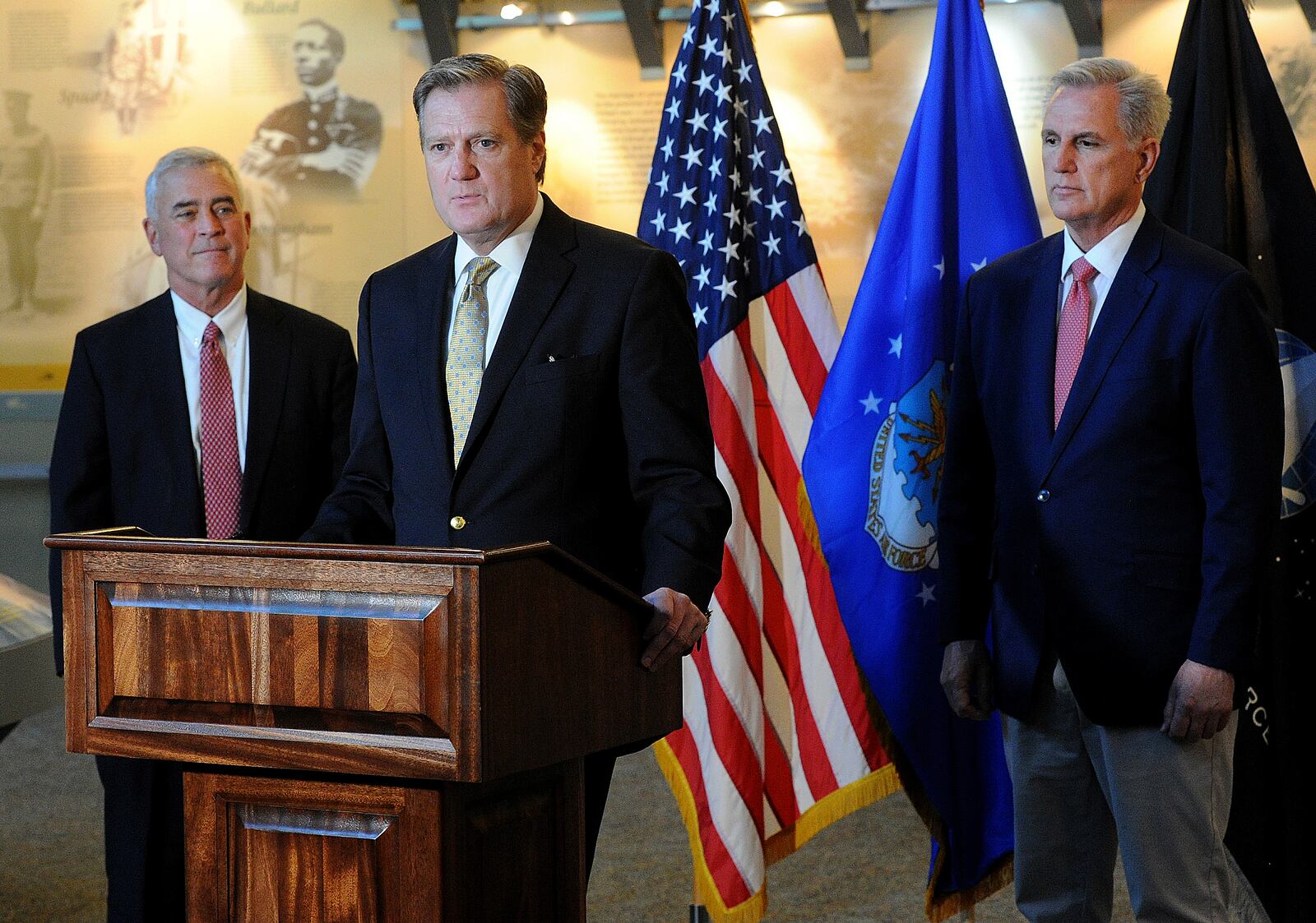 U.S. Rep. Mike Turner, R-Dayton, center, spoke at a press conference with U.S. Rep. Brad Wenstrup, R-Cincinnati, left, and U.S. Speaker of the House Kevin McCarthy, right, at the National Aviation Hall of Fame Wednesday, June 28, 2023 following their tour of Wright-Patterson Air Force Base and a national security briefing at the National Air and Space Intelligence Center (NASIC). MARSHALL GORBY\STAFF