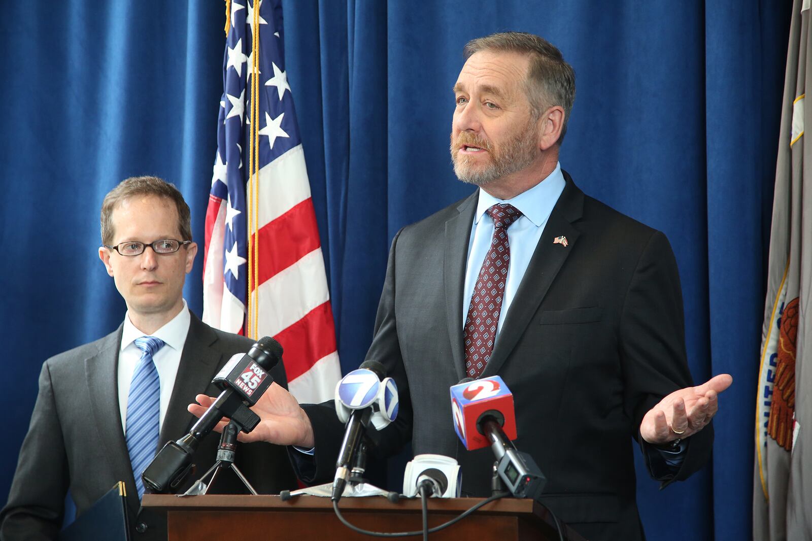 U.S. Attorney Benjamin C. Glassman (left) and Ohio Attorney General Dave Yost in an April 2019 file photo. LISA POWELL / STAFF