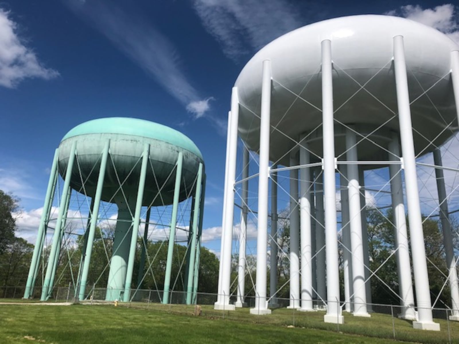 A Montgomery County water tank serving Centerville and Kettering will soon get a $1.3 million refurbishing, including its first repainting in 28 years. A similar tank next to it was repainted last year. NICK BLIZZARD/STAFF