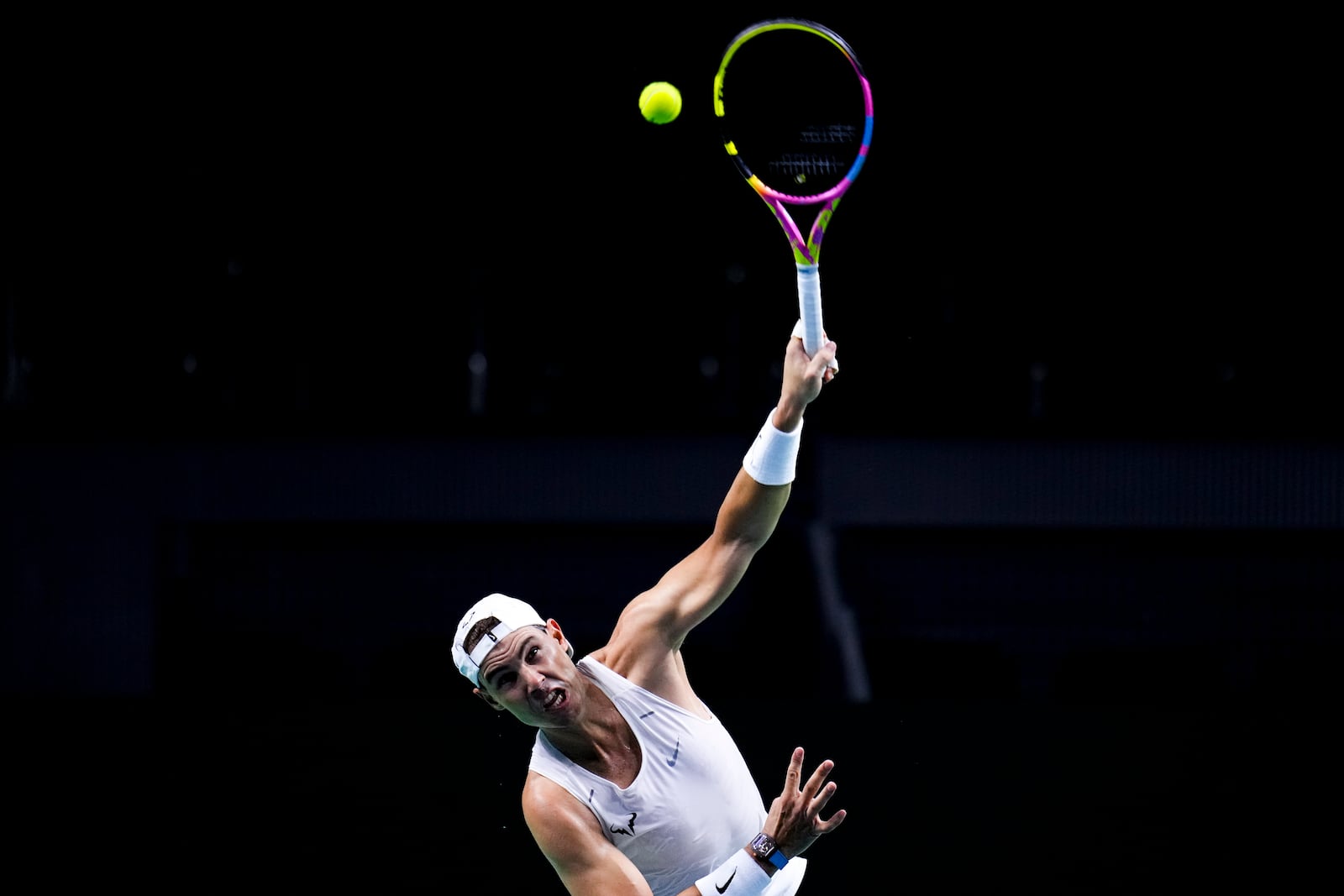 Spain's tennis player Rafael Nadal takes part in a training session at the Martin Carpena Sports Hall, in Malaga, southern Spain, on Friday, Nov. 15, 2024. (AP Photo/Manu Fernandez)